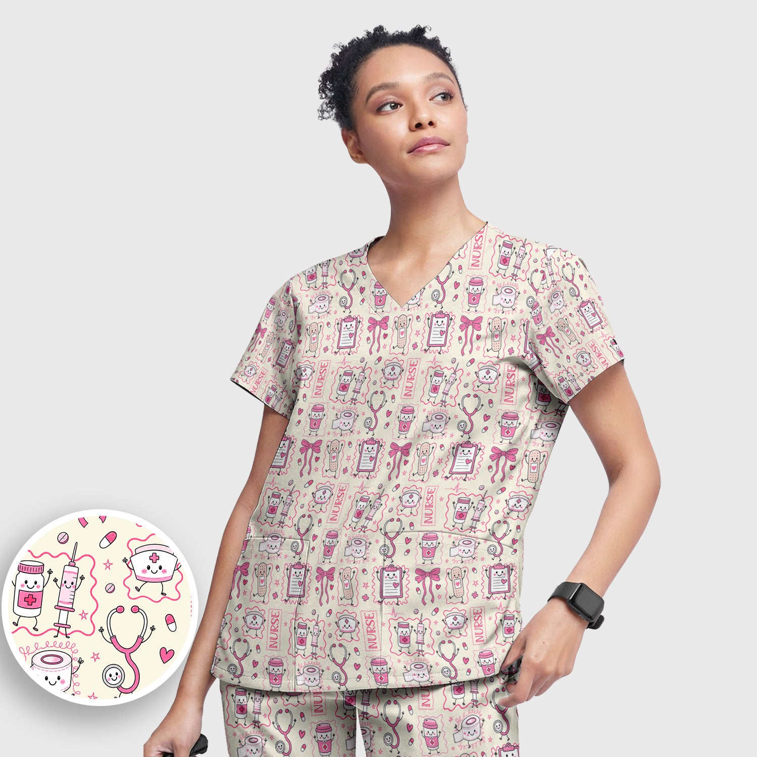 Cute Nurse Doodle with Bandage & Coffee Icons Scrub Set, Scrub Pants and V Neck Top