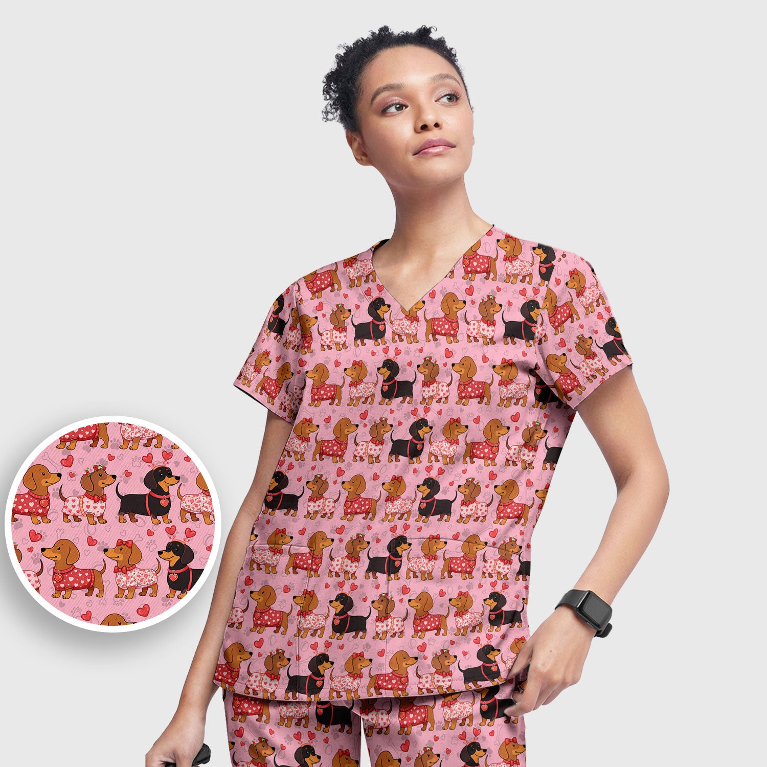 Valentine Dachshund Scrub Top, Wiener Dog Love Pattern Nurse Shirt, Breathable Fabrics Nursing Uniform