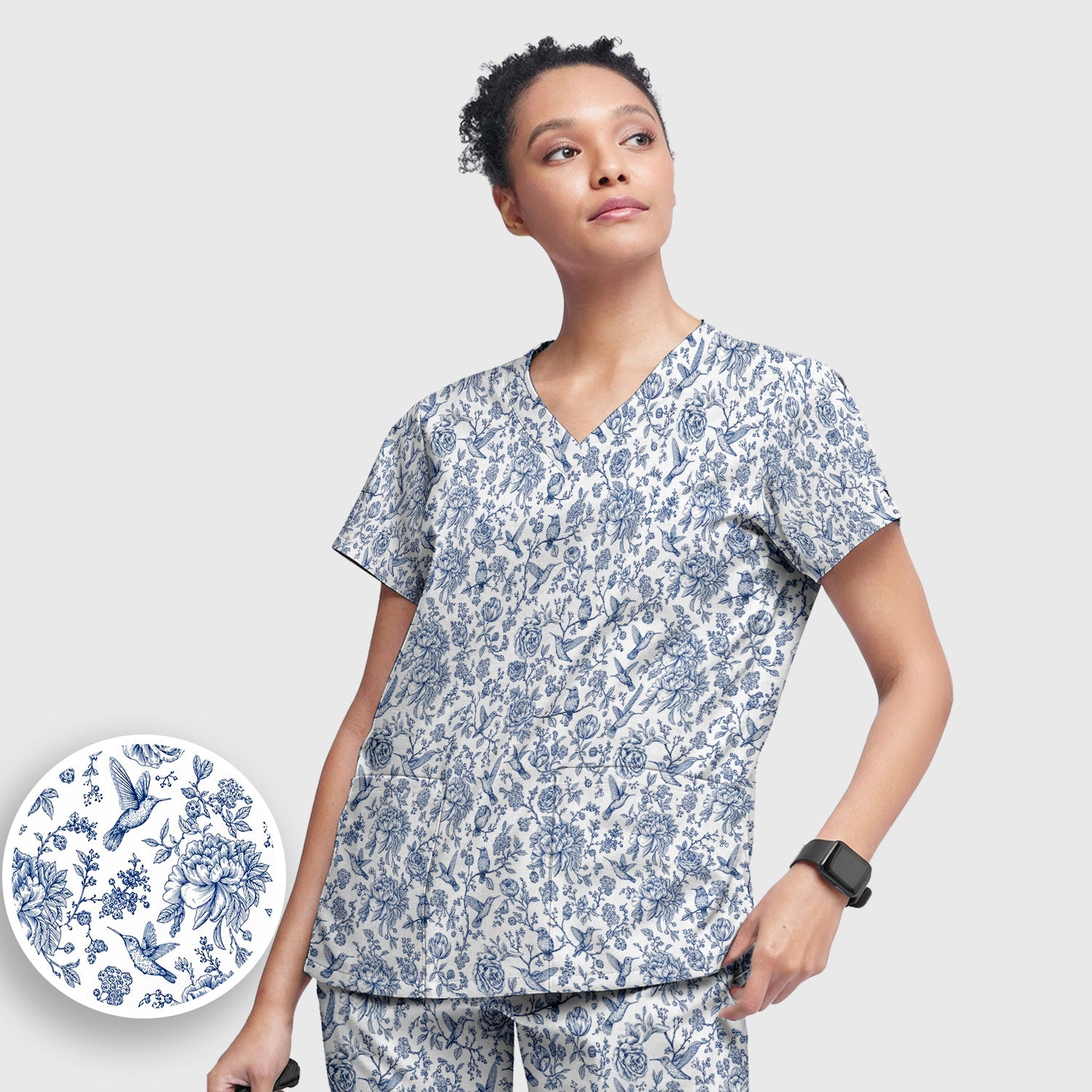 Blue Toile Hummingbird Floral Pattern Scrub Set, Scrub Pants and V Neck Top