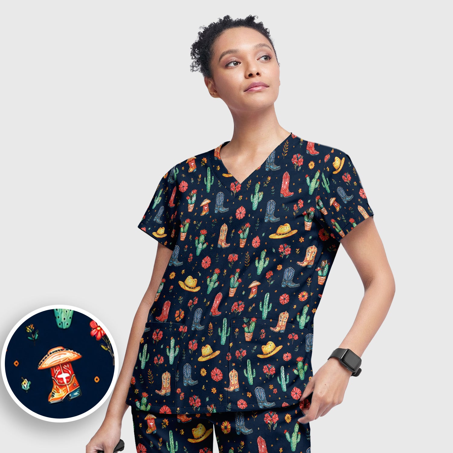 Whimsical Western Cactus Boots Pattern Scrub Set, Scrub Pants and V Neck Top