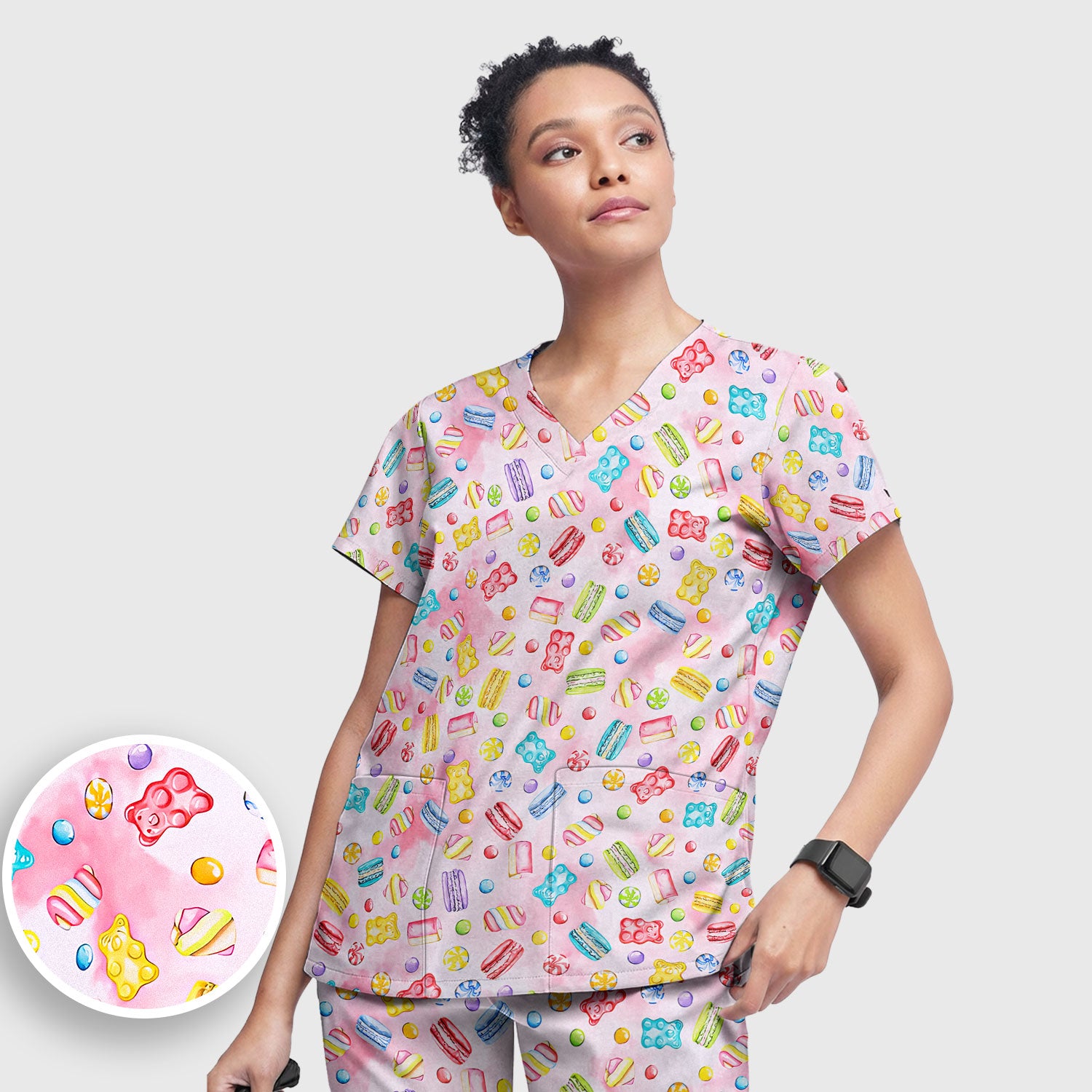 Cute Candy and Macaron Pattern Medical Scrub Set, Scrub Pants and V Neck Top