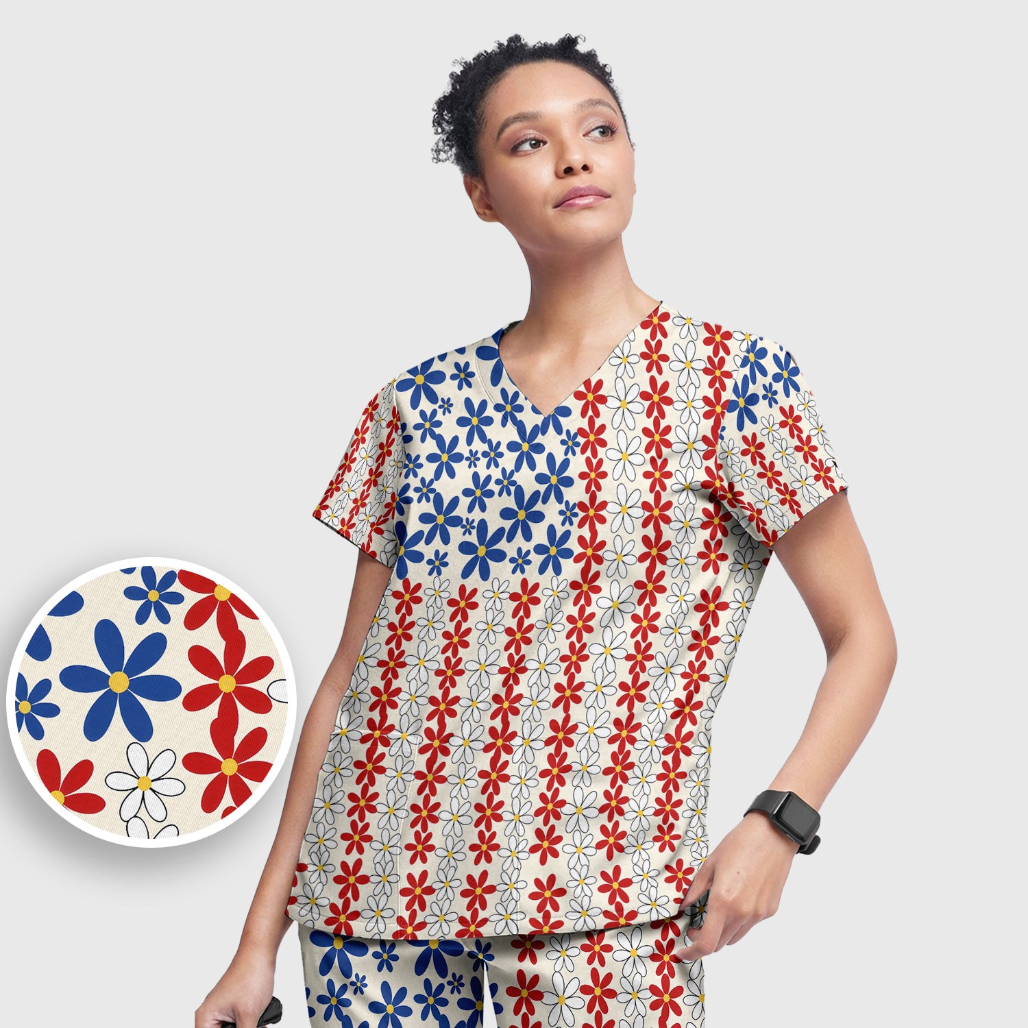 Retro Red Blue Daisy Stripe Pattern Scrub Top, Breathable Fabrics Nursing Uniform