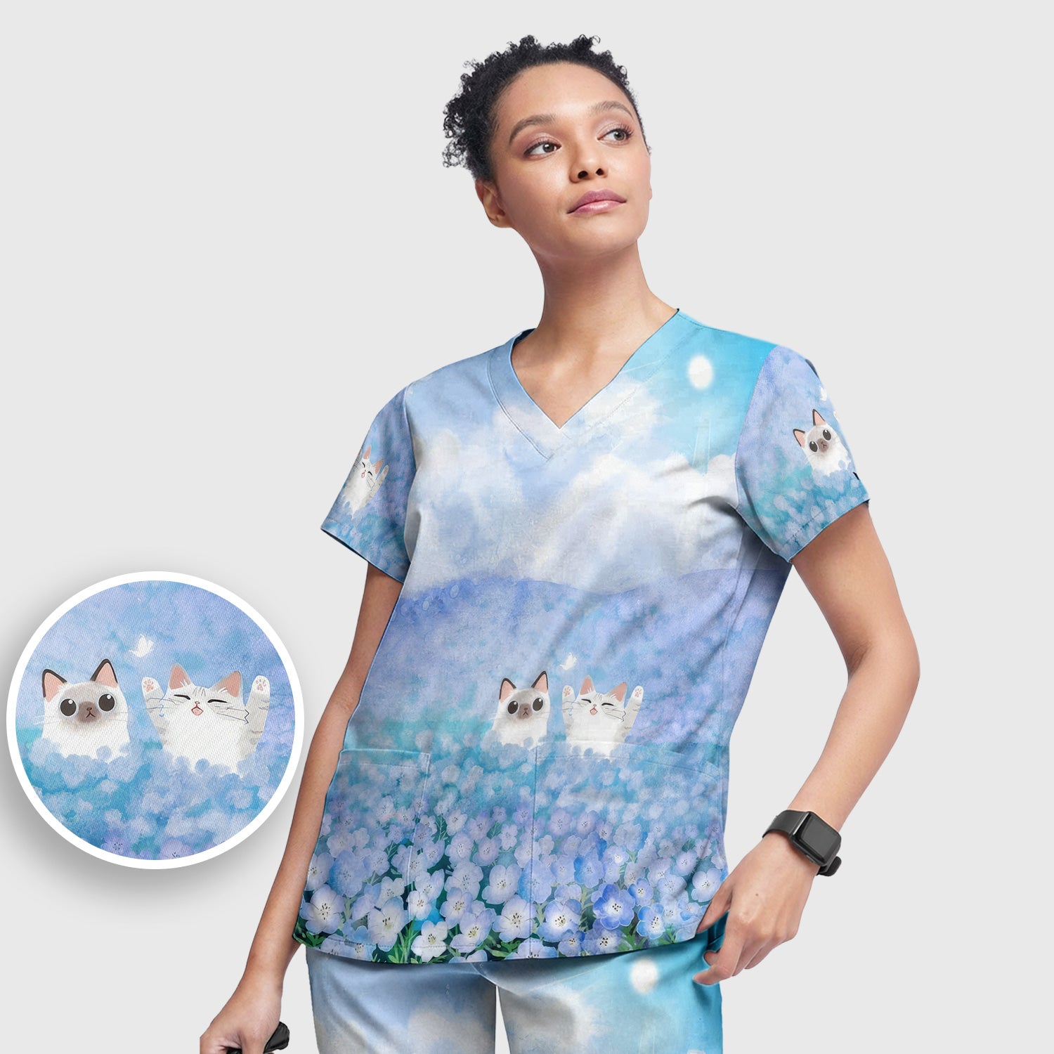 Dreamy Cat Cloud Hydrangea Sky Pattern Scrub Set, Scrub Pants and V Neck Top