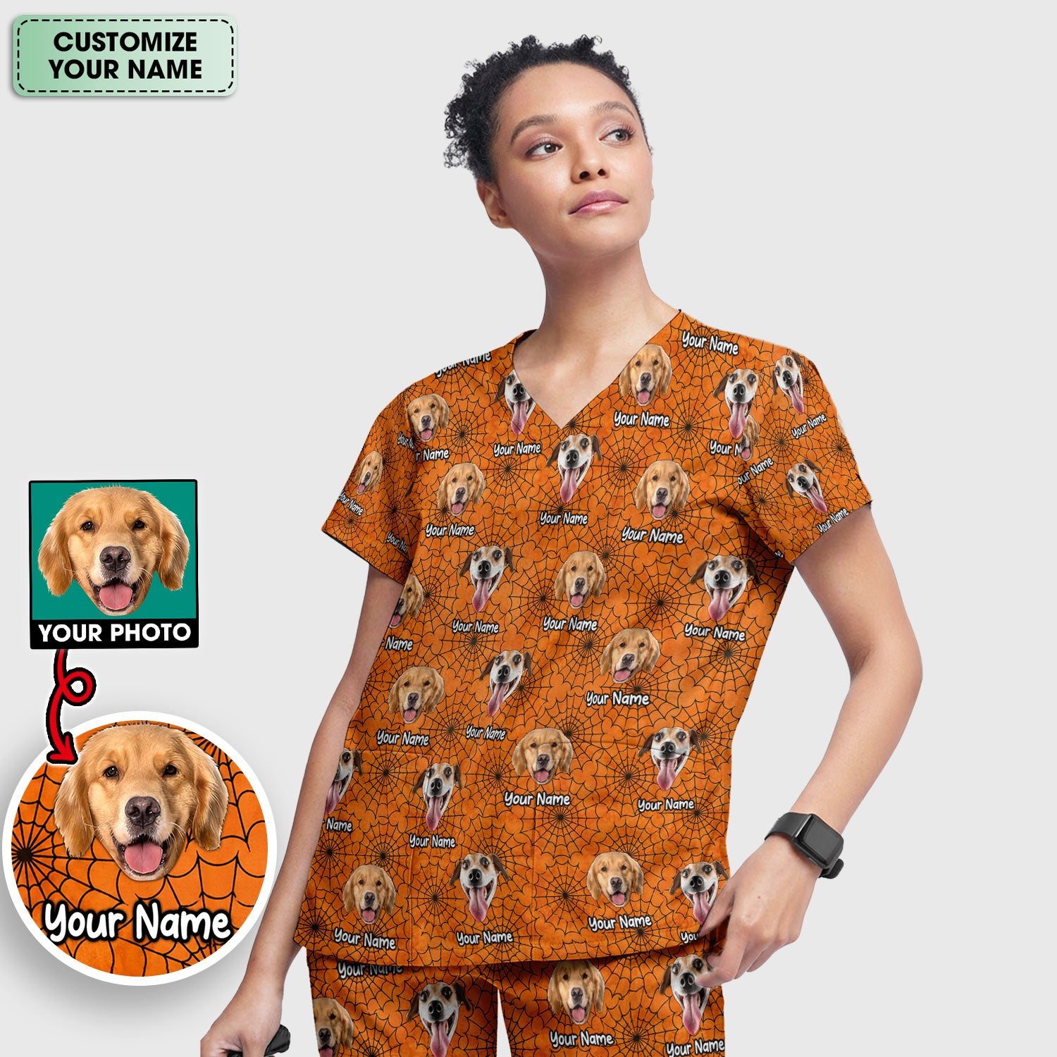 Personalized Halloween Dog Photo Spiderweb Scrub Set, Scrub Pants and V Neck Top