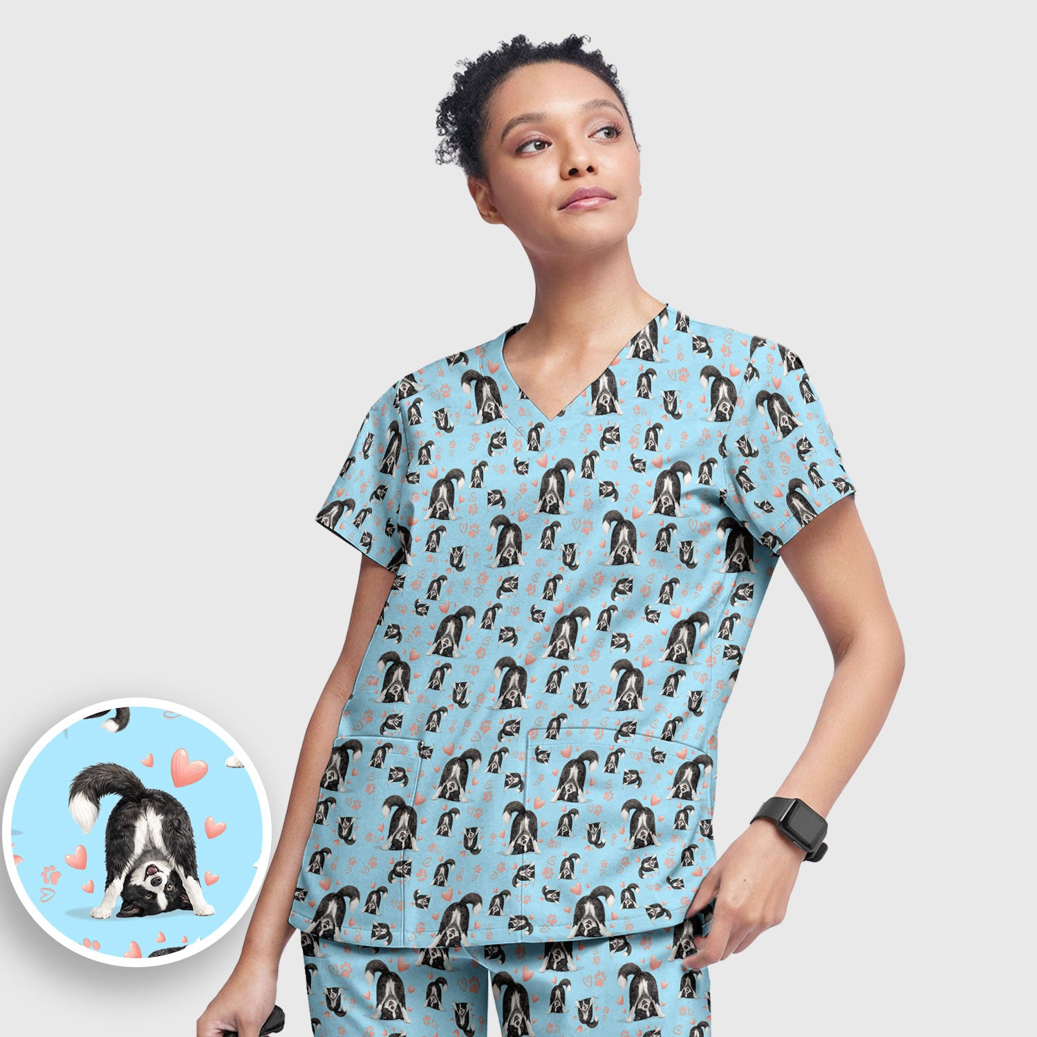 Cute Puppy Heart Medical Pattern Scrub Uniform, Women's Scrub Sets