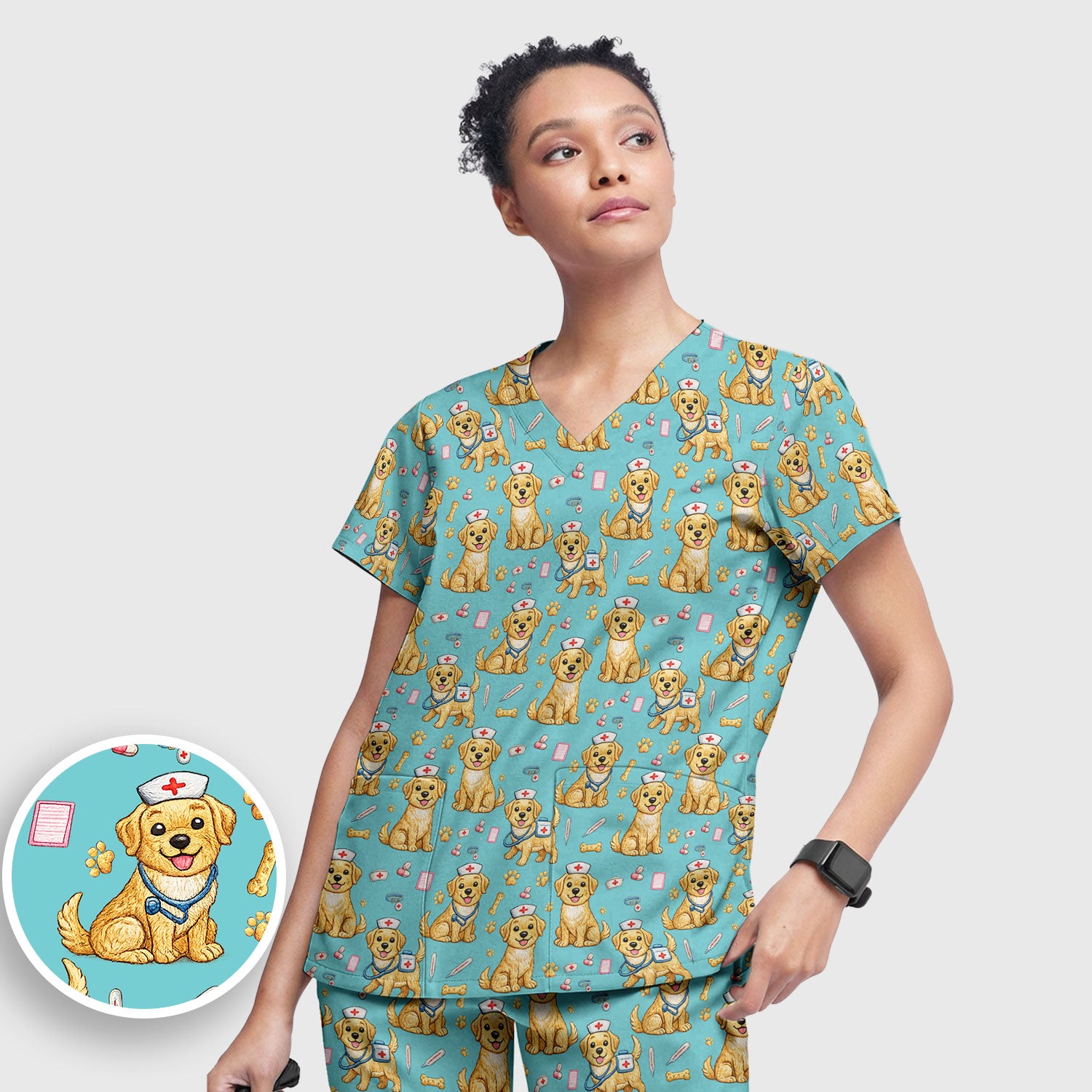 Cute Puppy Nurse Medical Print Women’s Scrub Set, Scrub Pants and V Neck Top
