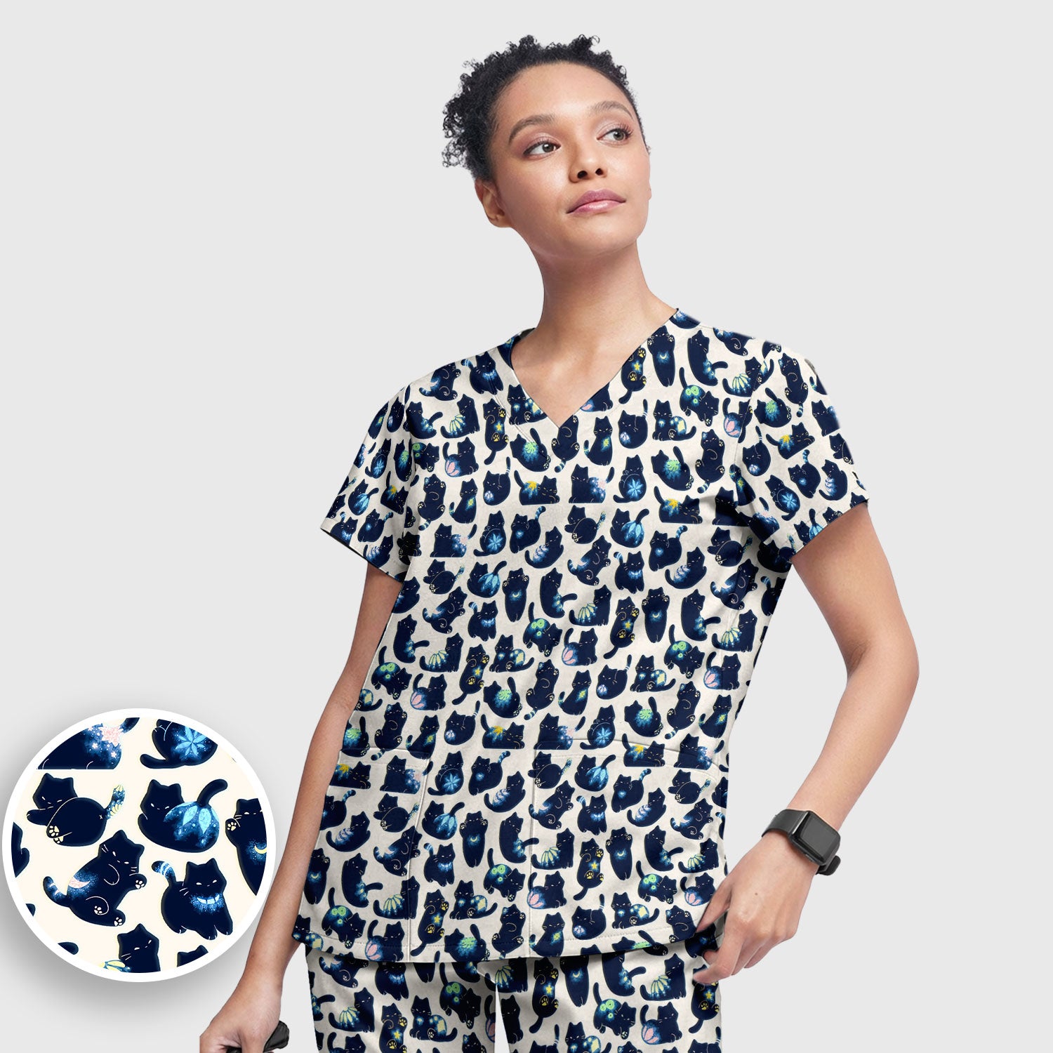 Midnight Cat Scrub Set, Black Cat Pattern Nurse Shirt, Breathable Fabrics Nursing Uniform