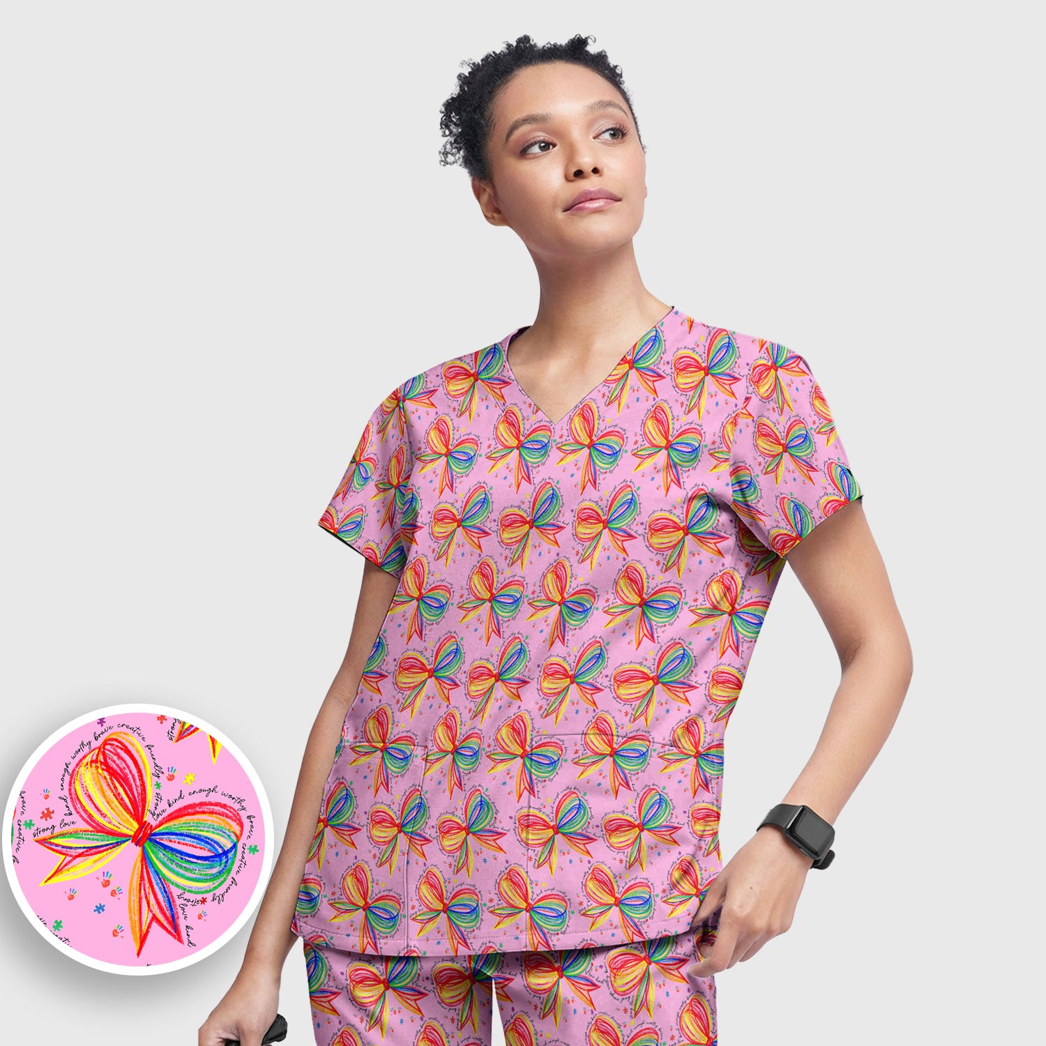 Colorful Rainbow Bow Pattern Scrub Set, Scrub Pants and V Neck Top