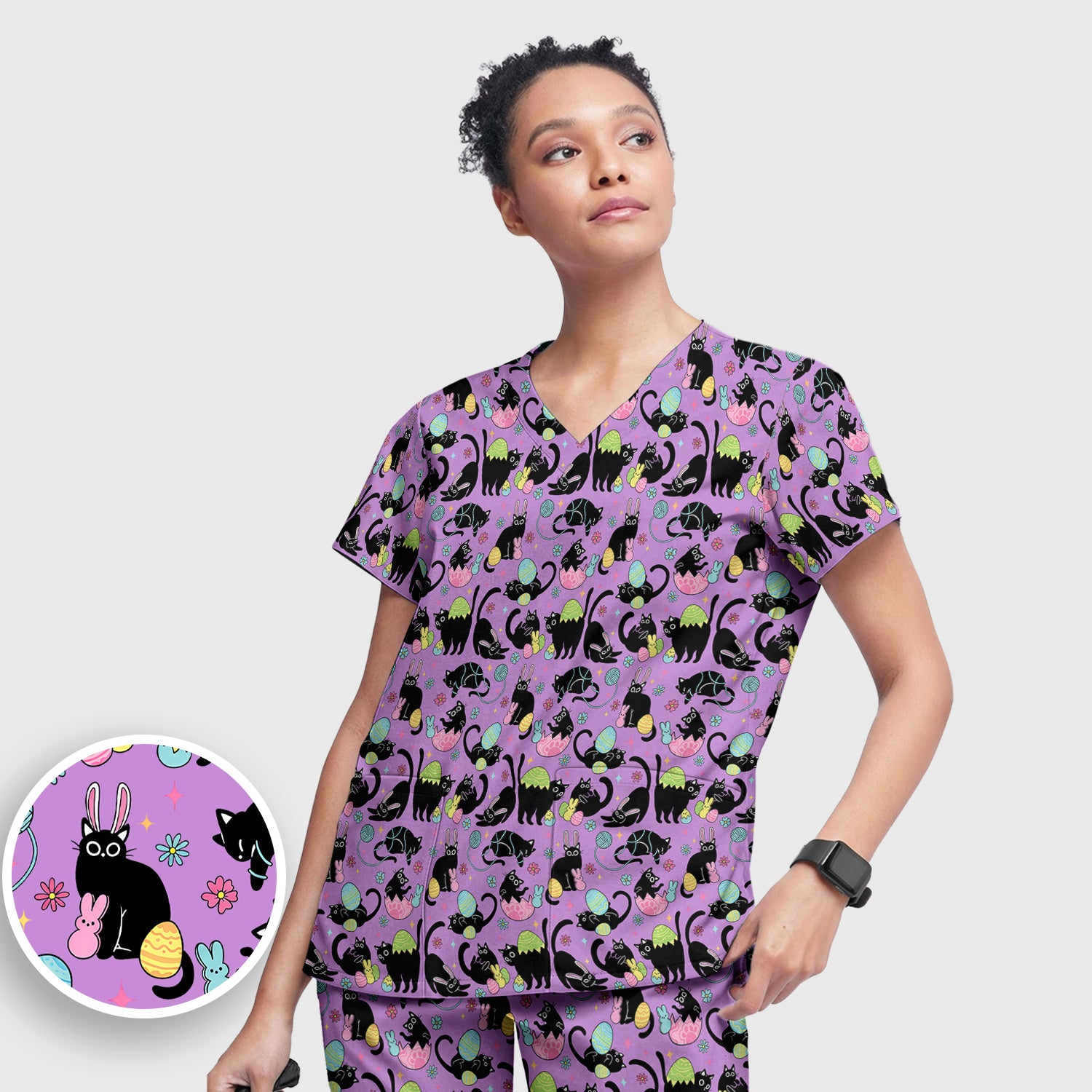 Funny Easter Black Cat Egg Pattern Scrub Set, Scrub Pants and V Neck Top