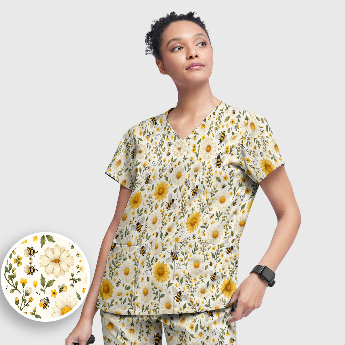 Cute Honey Bee And Daisy Pattern Scrub Set, Scrub Pants and V Neck Top