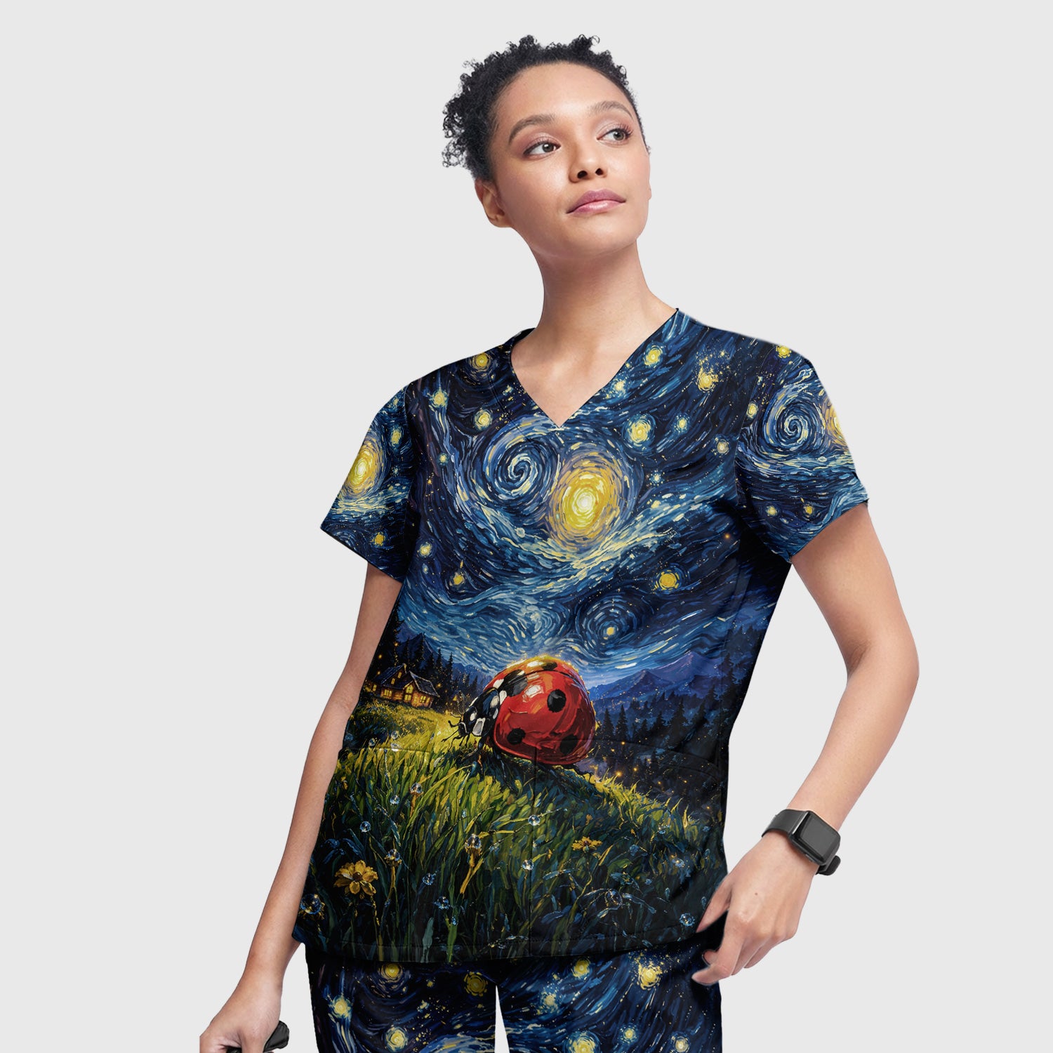 Swirl Night Sky Ladybug Landscape Art Print Scrub Set, Scrub Pants and V Neck Top