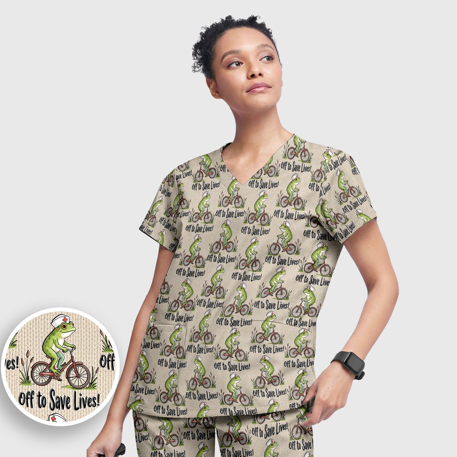 Nurse Frog Riding Bicycle Pattern Scrub Top, Breathable Fabrics Nursing Uniform Scrub Set, Scrub Pants and V Neck Top