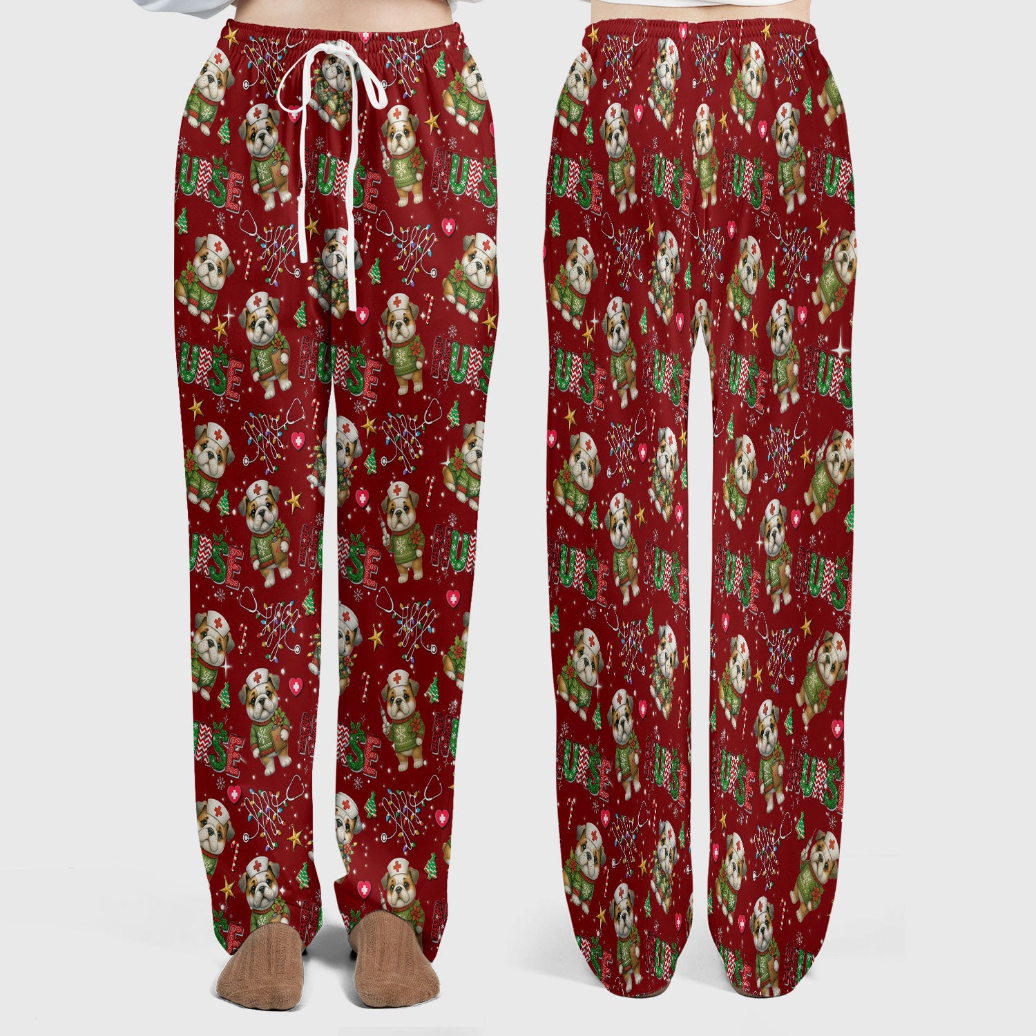 Bulldog Christmas Nurse Scrub Set - Funny Dog Scrubs Pants and V Neck Top - Cute Holiday Medical Uniform