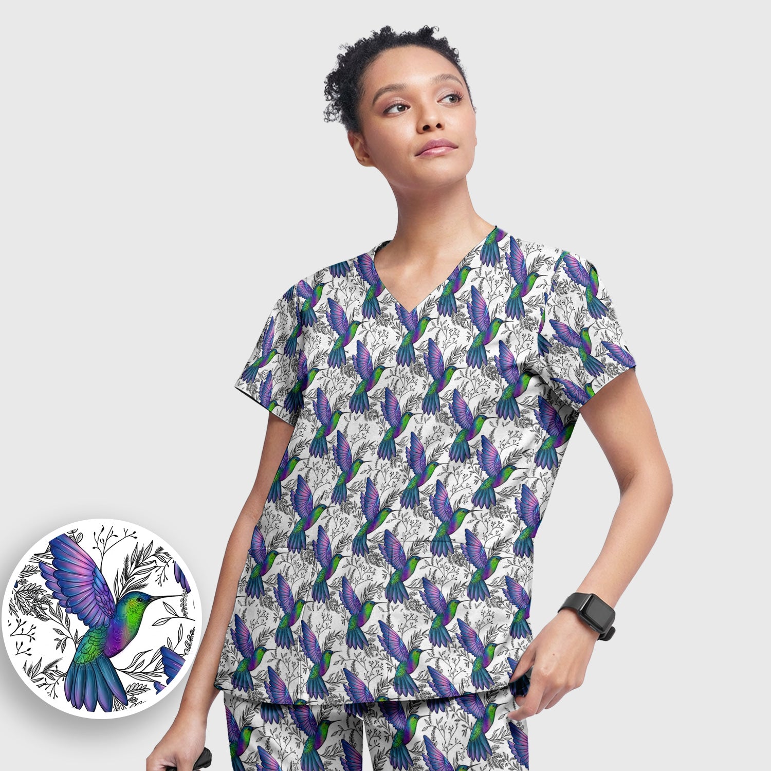 Colorful Hummingbird Flying Botanical Pattern Scrub Set, Scrub Pants and V Neck Top