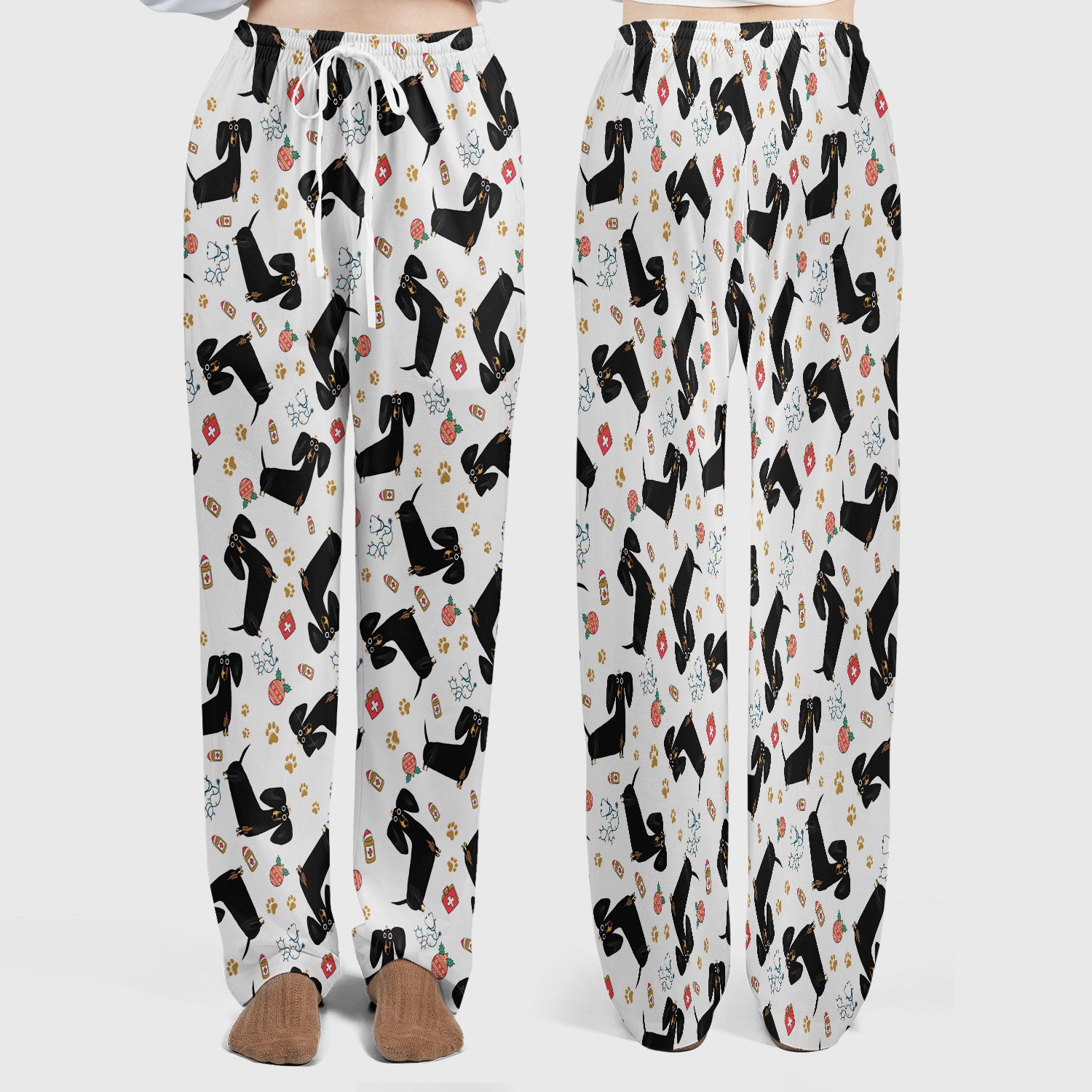 Funny Wiener Dog Scrub Sets for Nurses - Cute Black Dachshund Pants and V Neck Top - Dog Lover Nursing Uniform Gift for Women