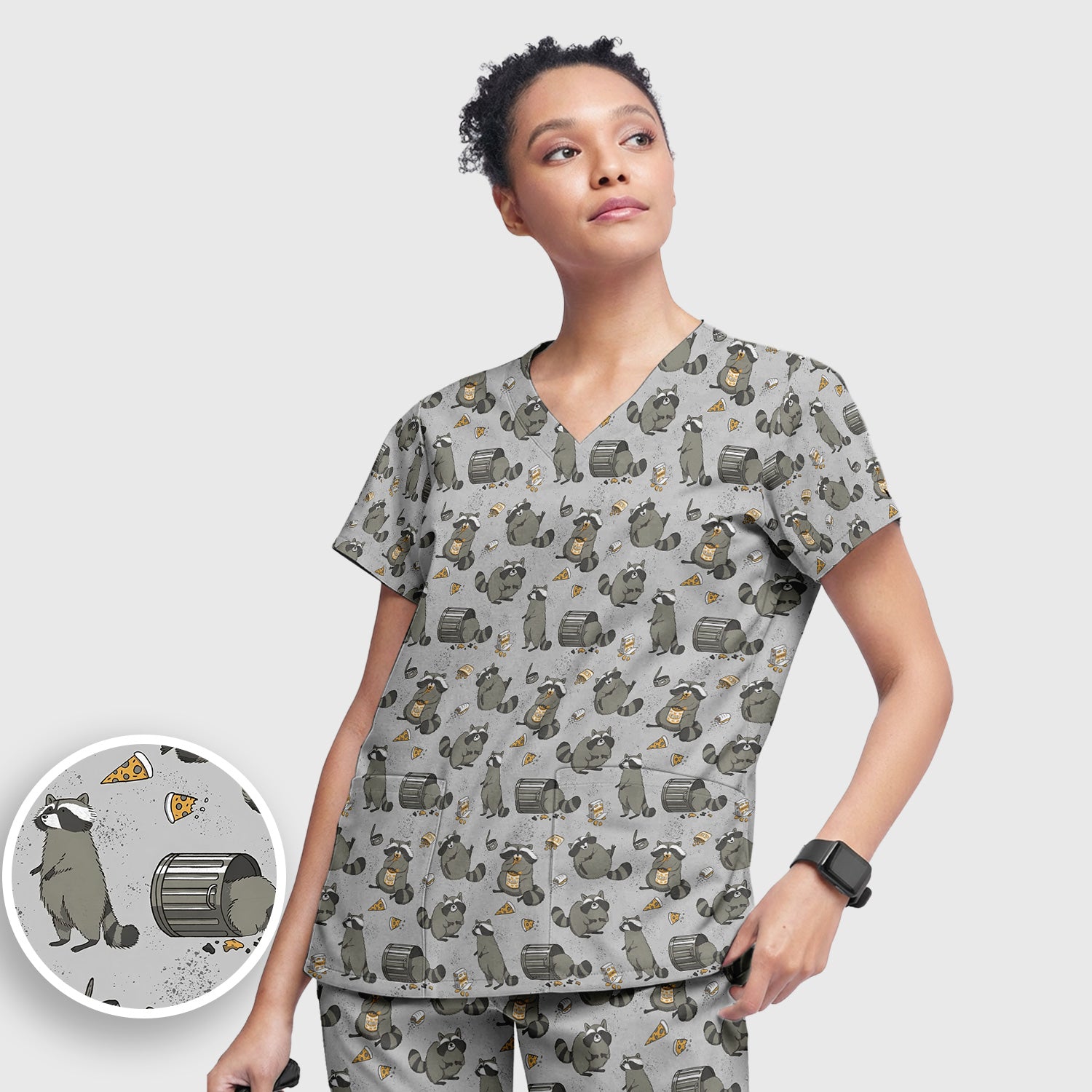 Raccoon Snack And Trash Can Pattern Scrub Set, Breathable Med Uniform