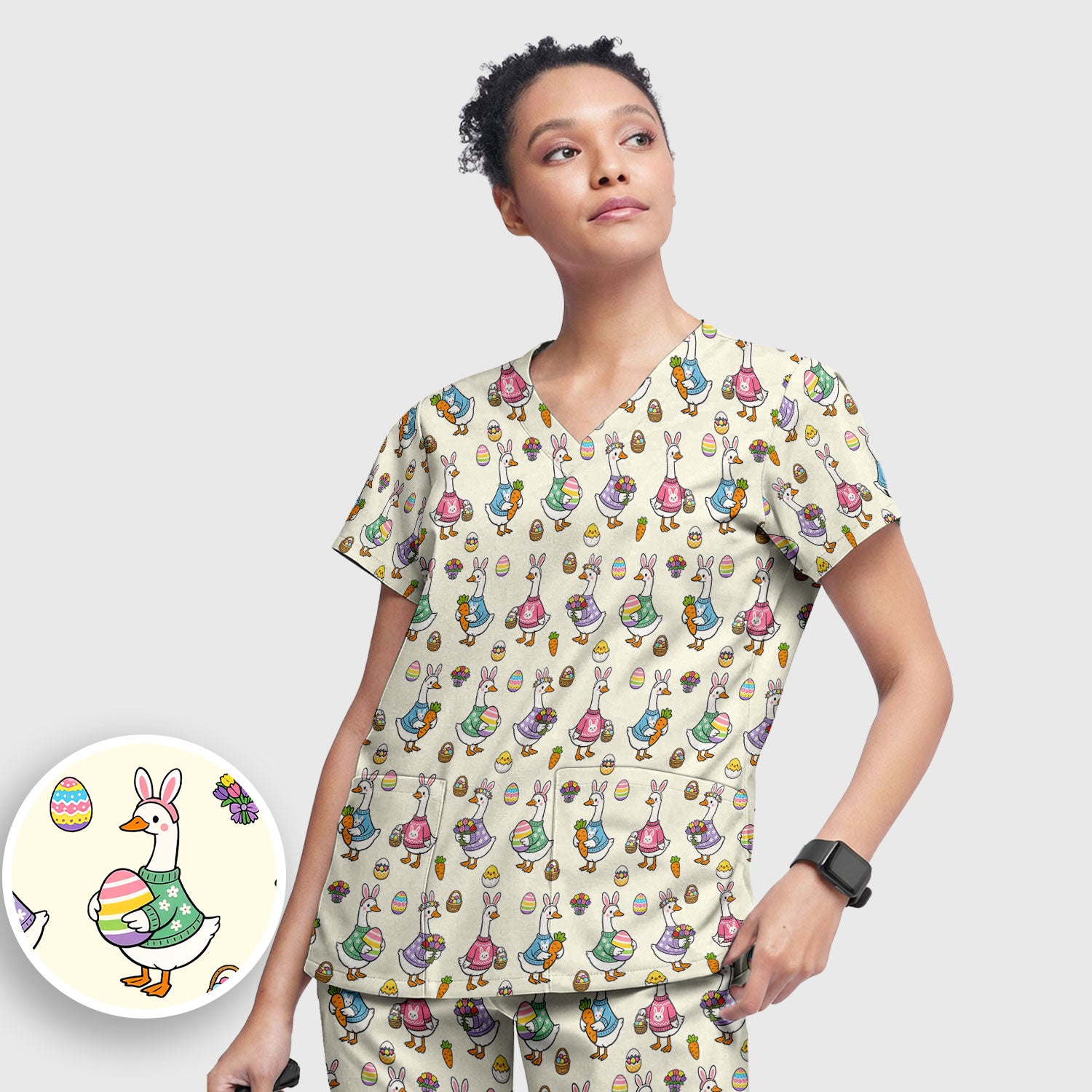 Cute Easter Goose Print Scrub Set, Breathable Med Uniform