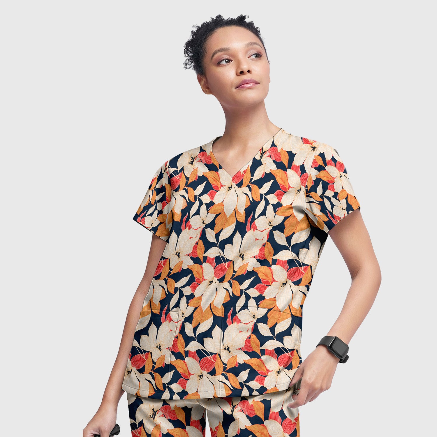 Elegant Ivory Lily Leaves Pattern Scrub Set, Scrub Pants and V Neck Top