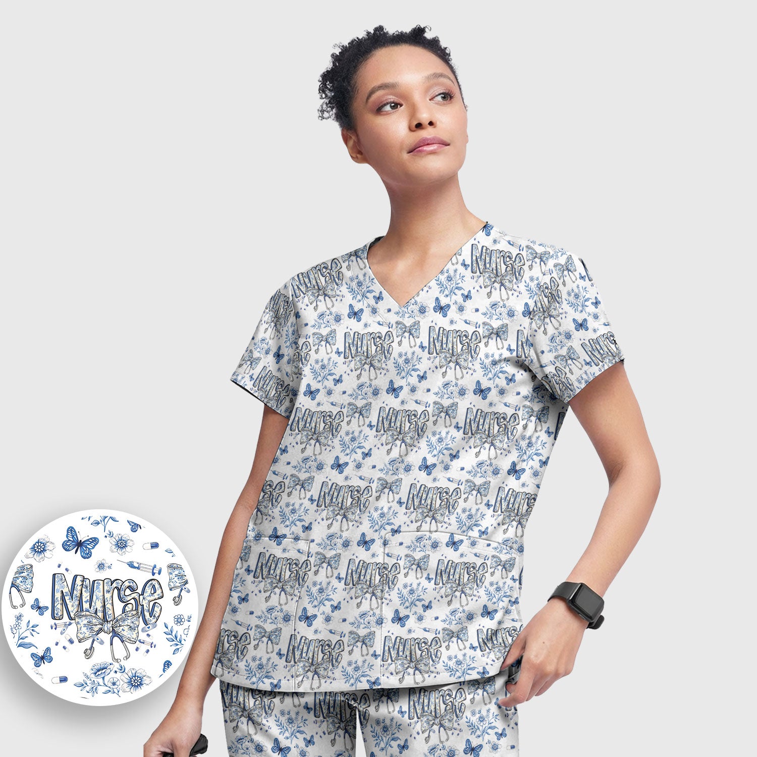 Blue Nurse Bow Butterfly Floral Pattern Scrub Set,  Breathable Med Uniform