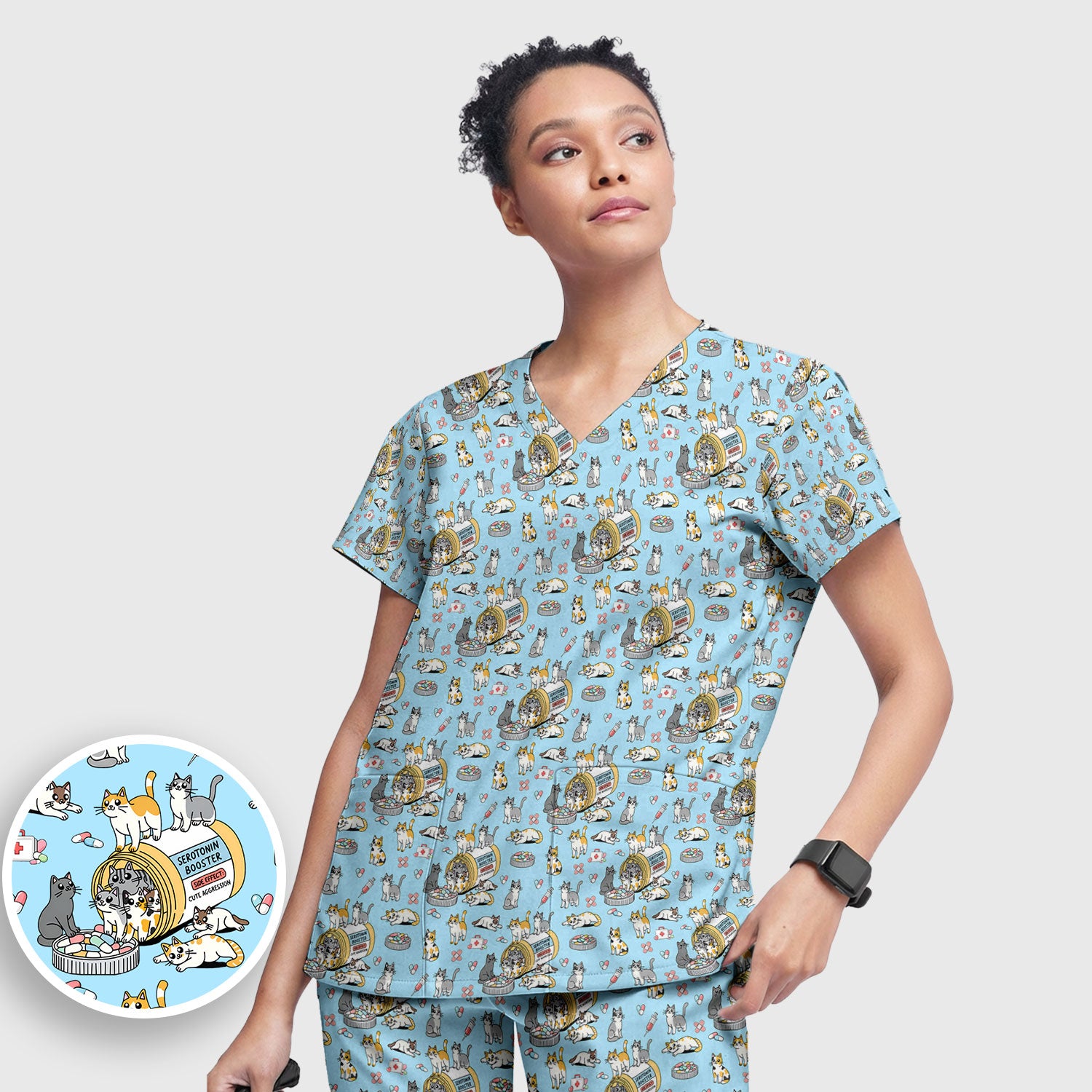 Cute Cat Serotonin Booster Pattern Women's Scrub Set, Breathable Med Uniform
