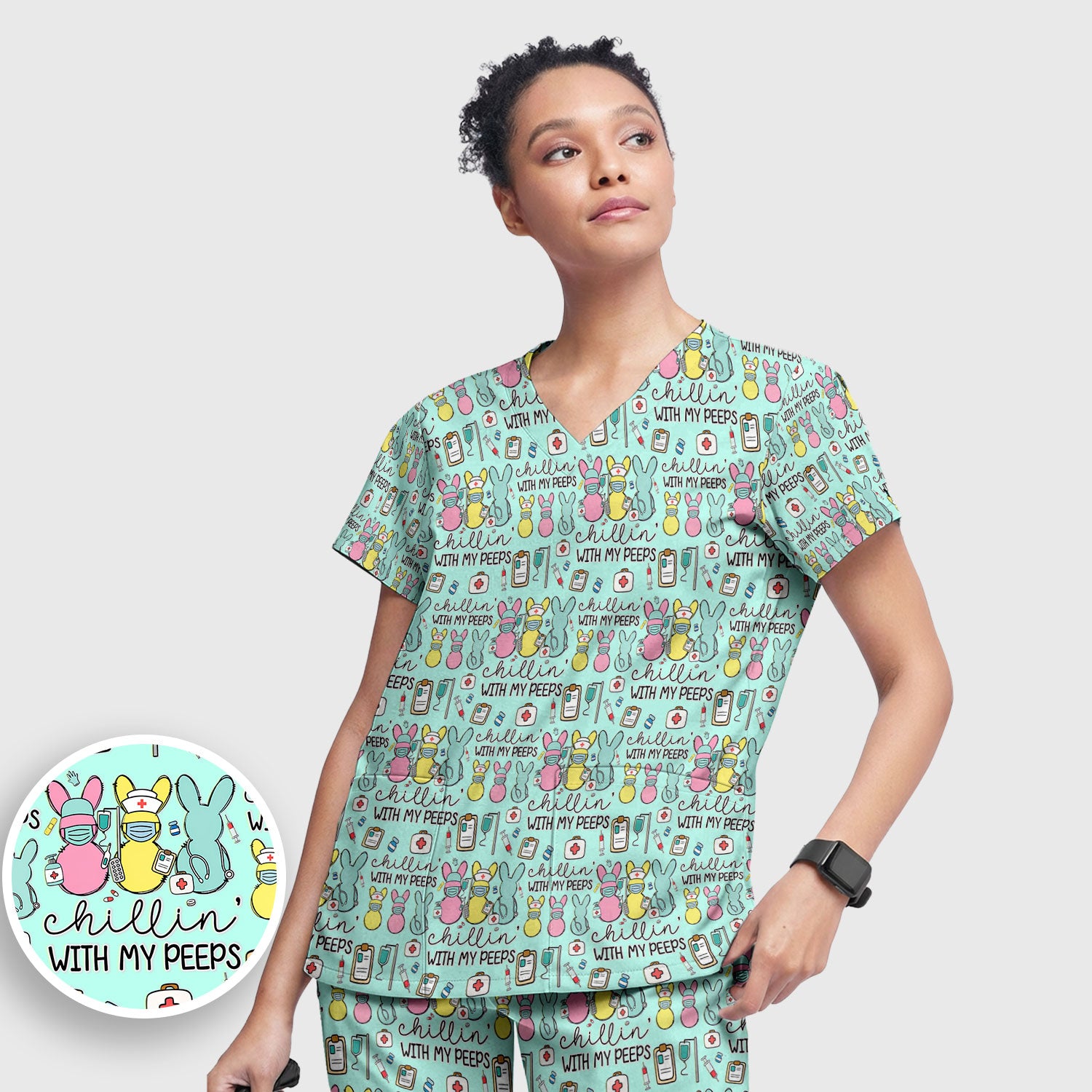 Cute Bunny Nurse Chillin With My Peeps Scrub, Women's Scrub Sets