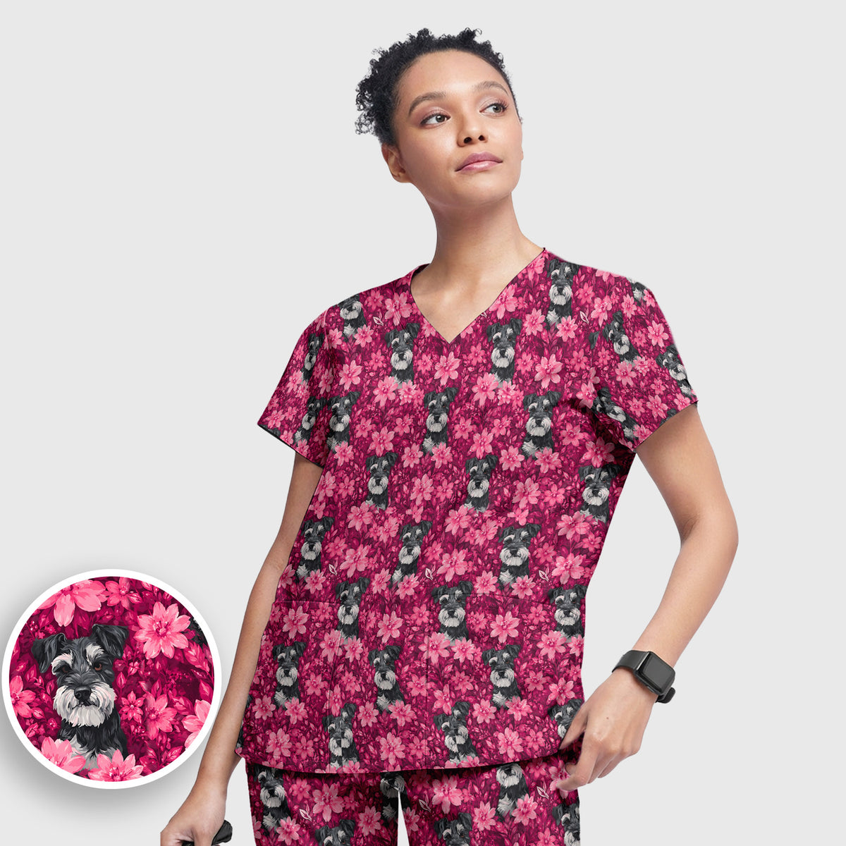 Pink Floral Schnauzer Pattern Scrub Set, Scrub Pants and V Neck Top