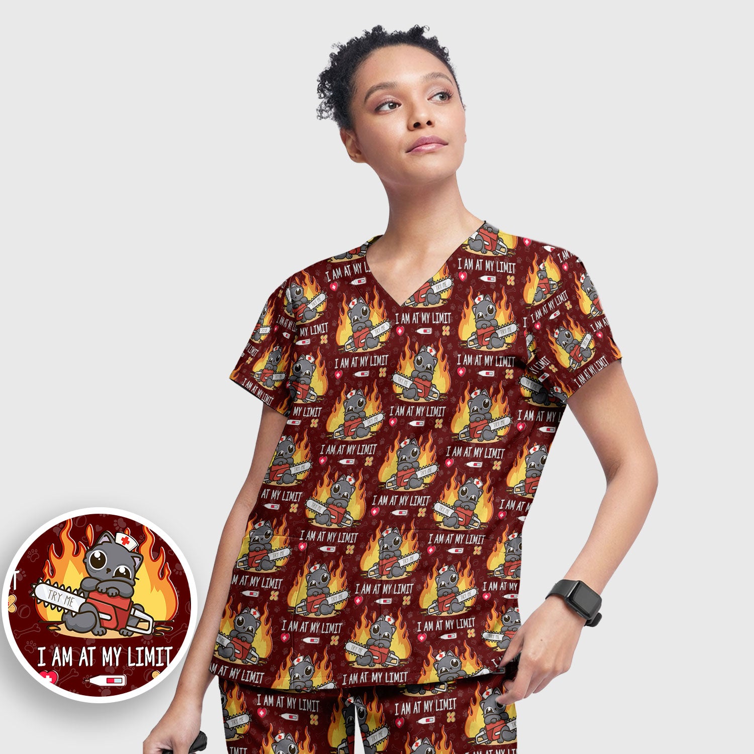 Funny Nurse Cat I Am At My Limit Women's Scrub Set, Breathable Med Uniform