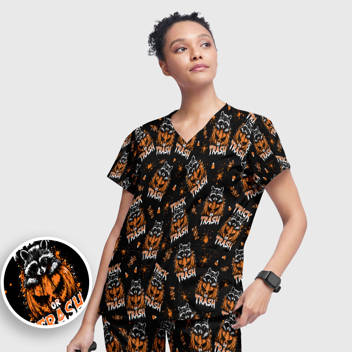 Funny Halloween Trick Or Trash Raccoon Scrub Set, Scrub Pants and V Neck Top