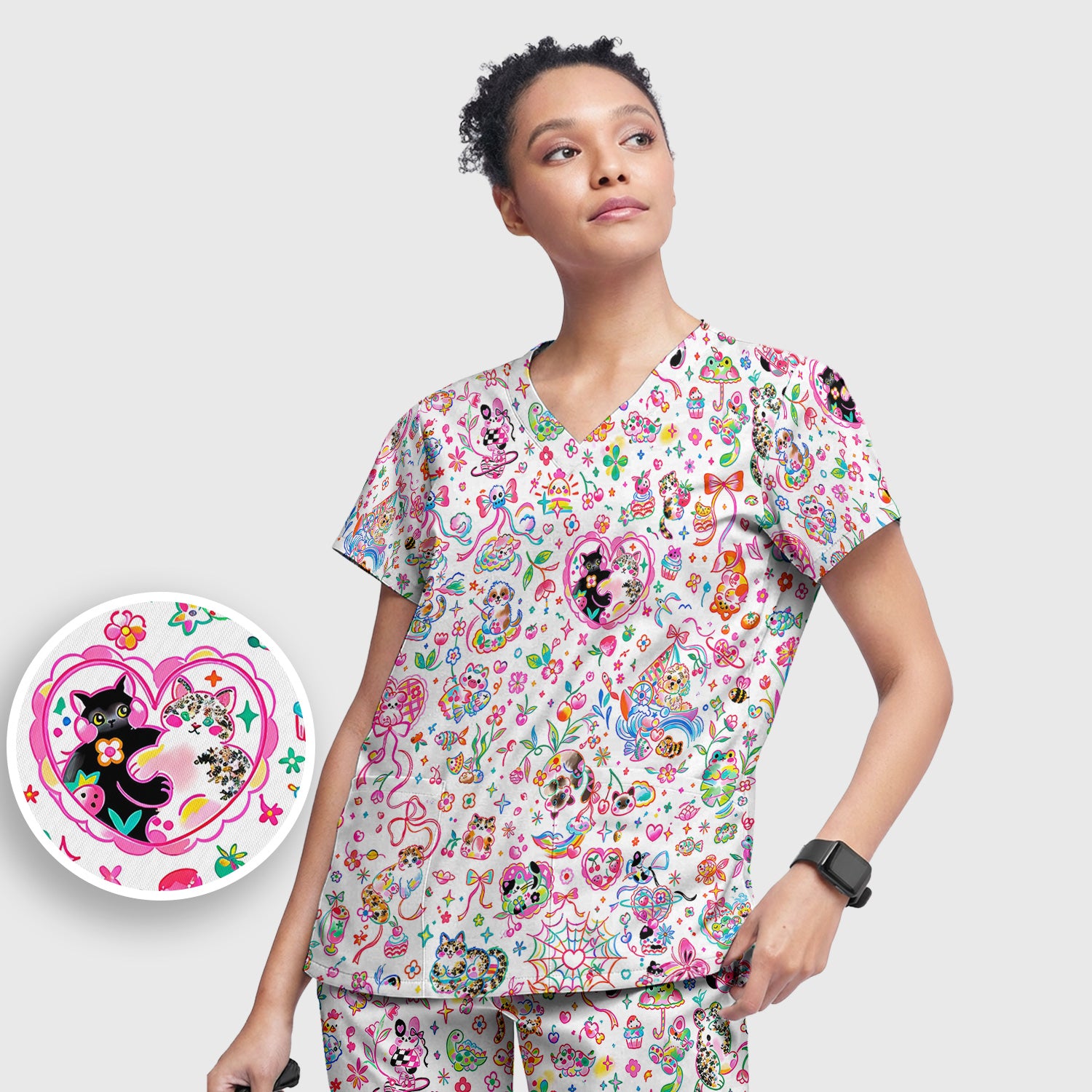 Colorful Kawaii Cat Heart Doodle Pattern Scrub Set, Scrub Pants and V Neck Top