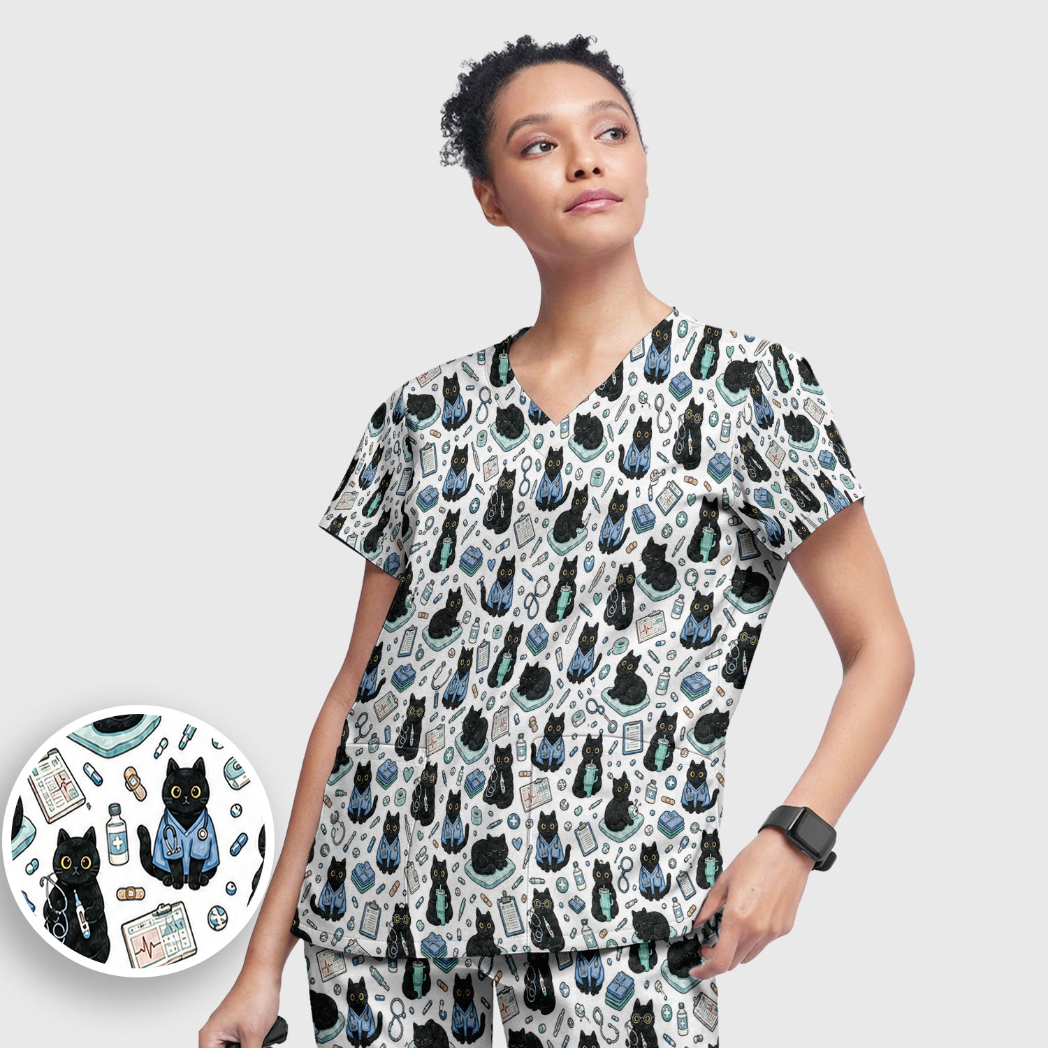 Black Cat Clinic Scrub Set, Scrub Pants and V Neck Top
