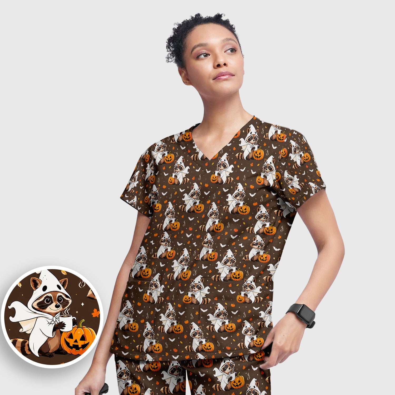 Halloween Ghost Raccoon Pumpkin Scrub Set, Scrub Pants and V Neck Top