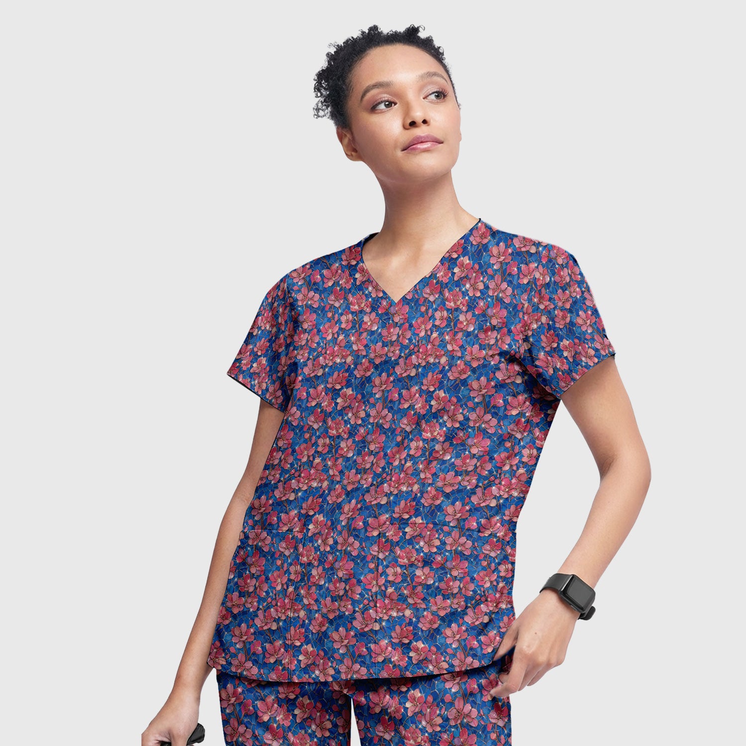 Pink Cherry Blossom Floral Pattern Scrub Set, Breathable Med Uniform