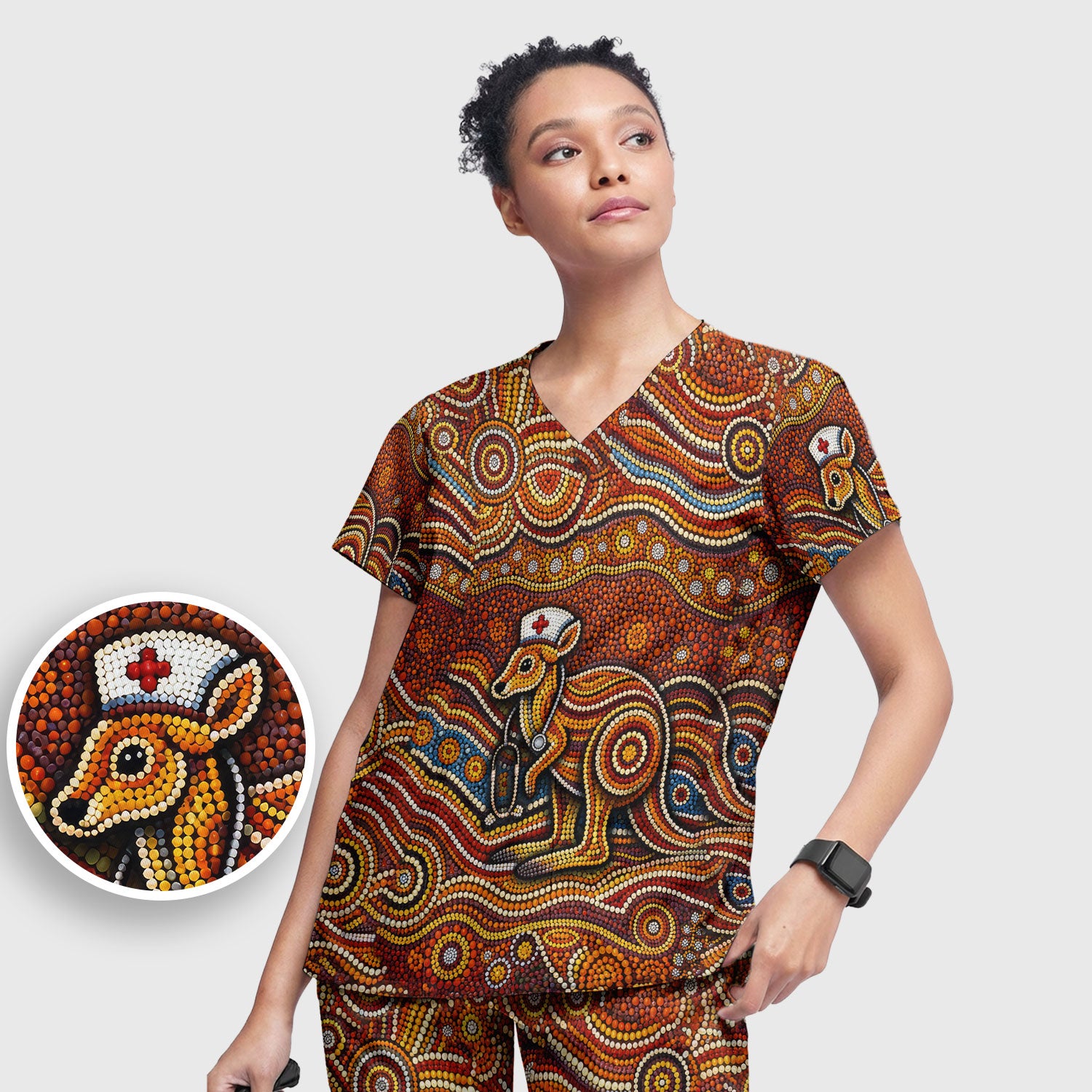 Australian Aboriginal Nurse Scrub Set, Kangaroo Dot Art Medical Nurses Shirt, Breathable Fabrics Nursing Uniform