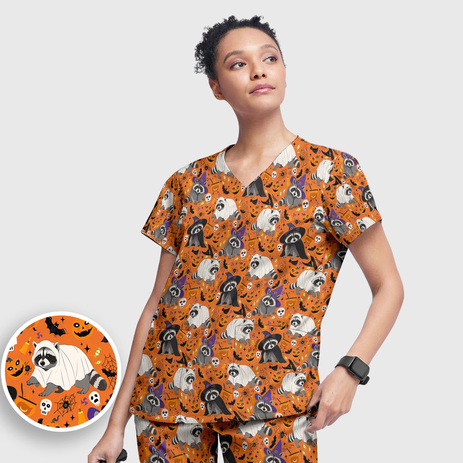 Cute Halloween Raccoon Costumes Print Scrub Set, Scrub Pants and V Neck Top