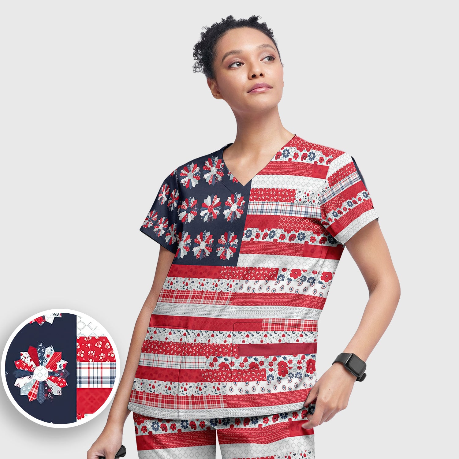 Patriotic Floral Flag Patchwork Pattern Scrub Set, Scrub Pants and V Neck Top