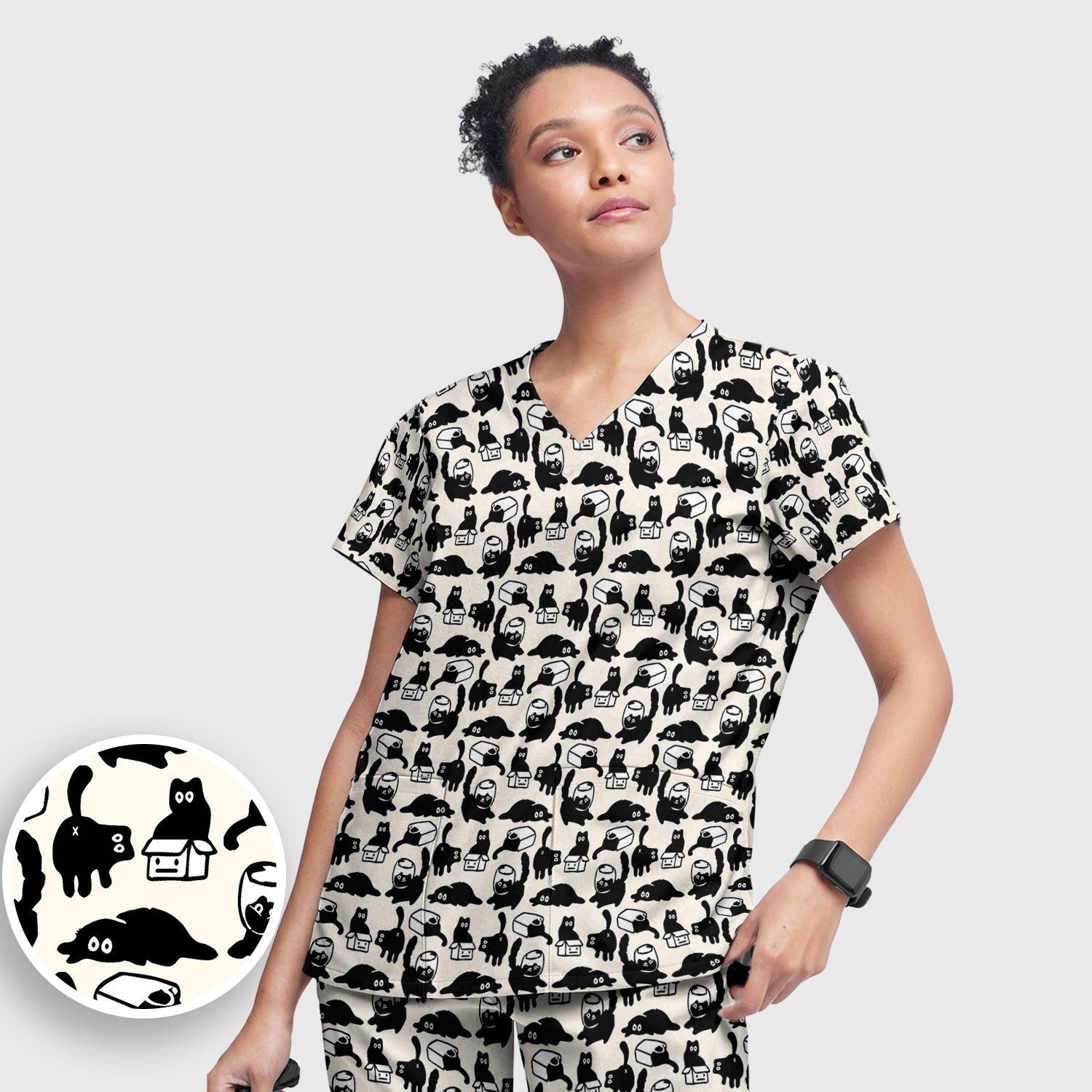Dark Playful Cat Cartoon Pattern Scrub Set, Breathable Med Uniform