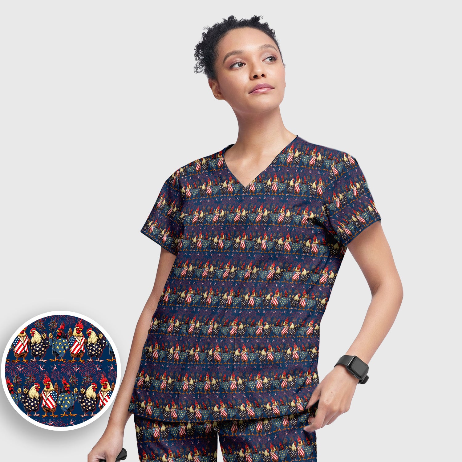 Patriotic Rooster Fireworks Pattern Scrub Set, Scrub Pants and V Neck Top