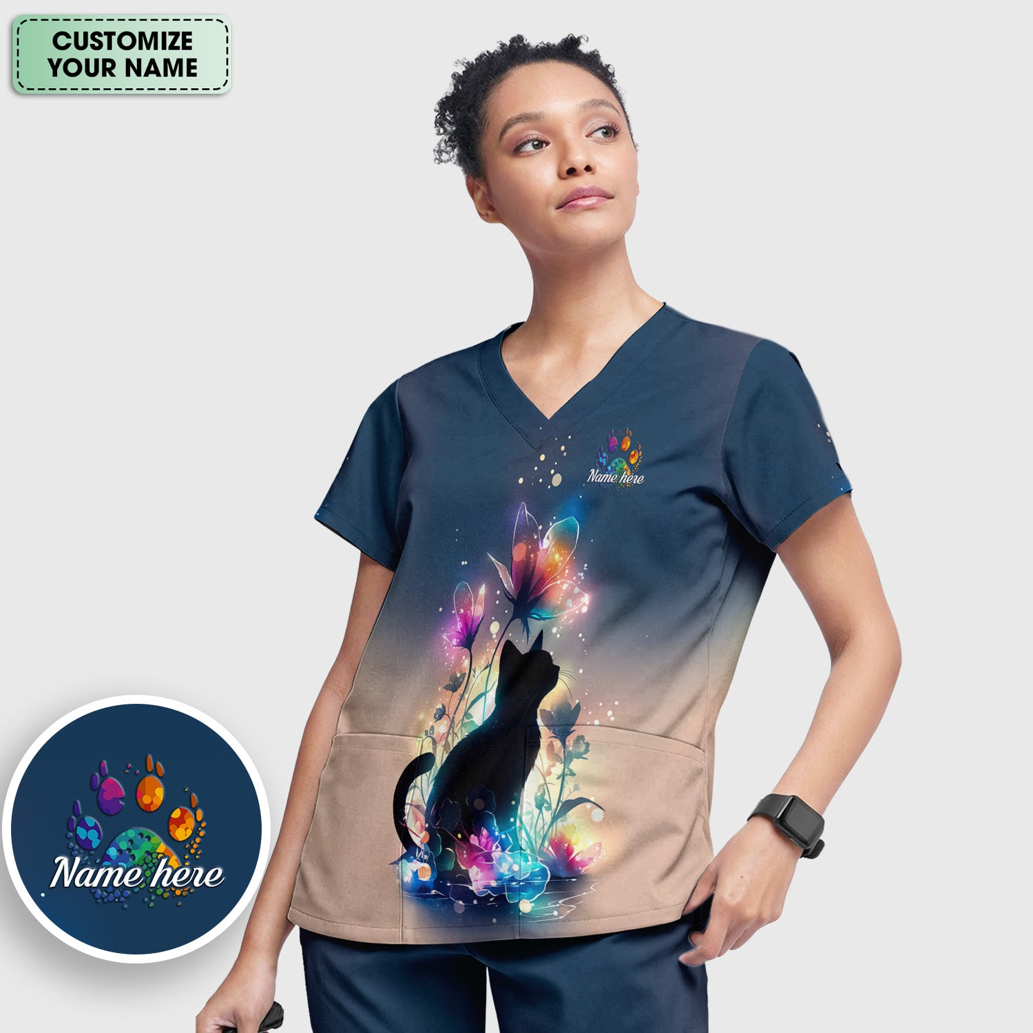 Custom Name Cat Floral Glow Pattern Scrub Set, Women's Scrub Sets