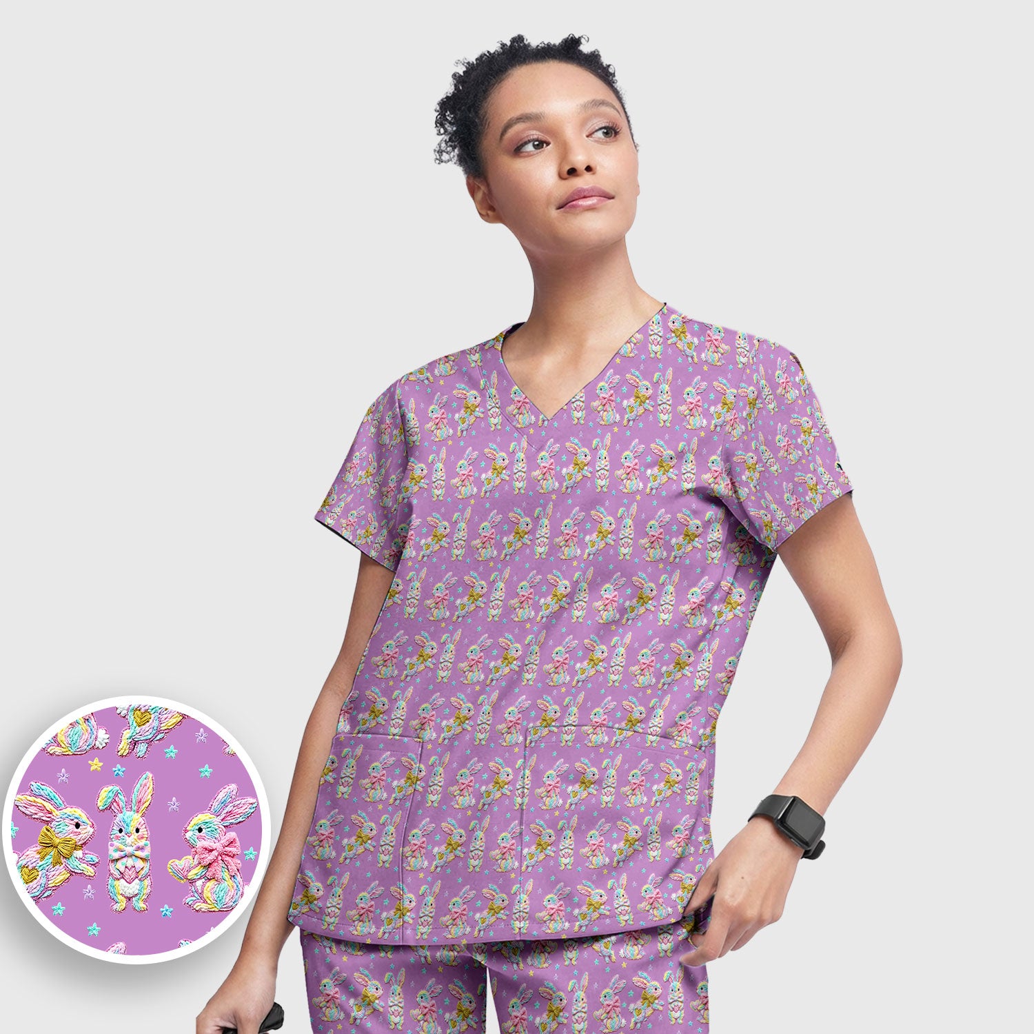 Cartoon Bunny All Over Print Set, Scrub Pants and V Neck Top