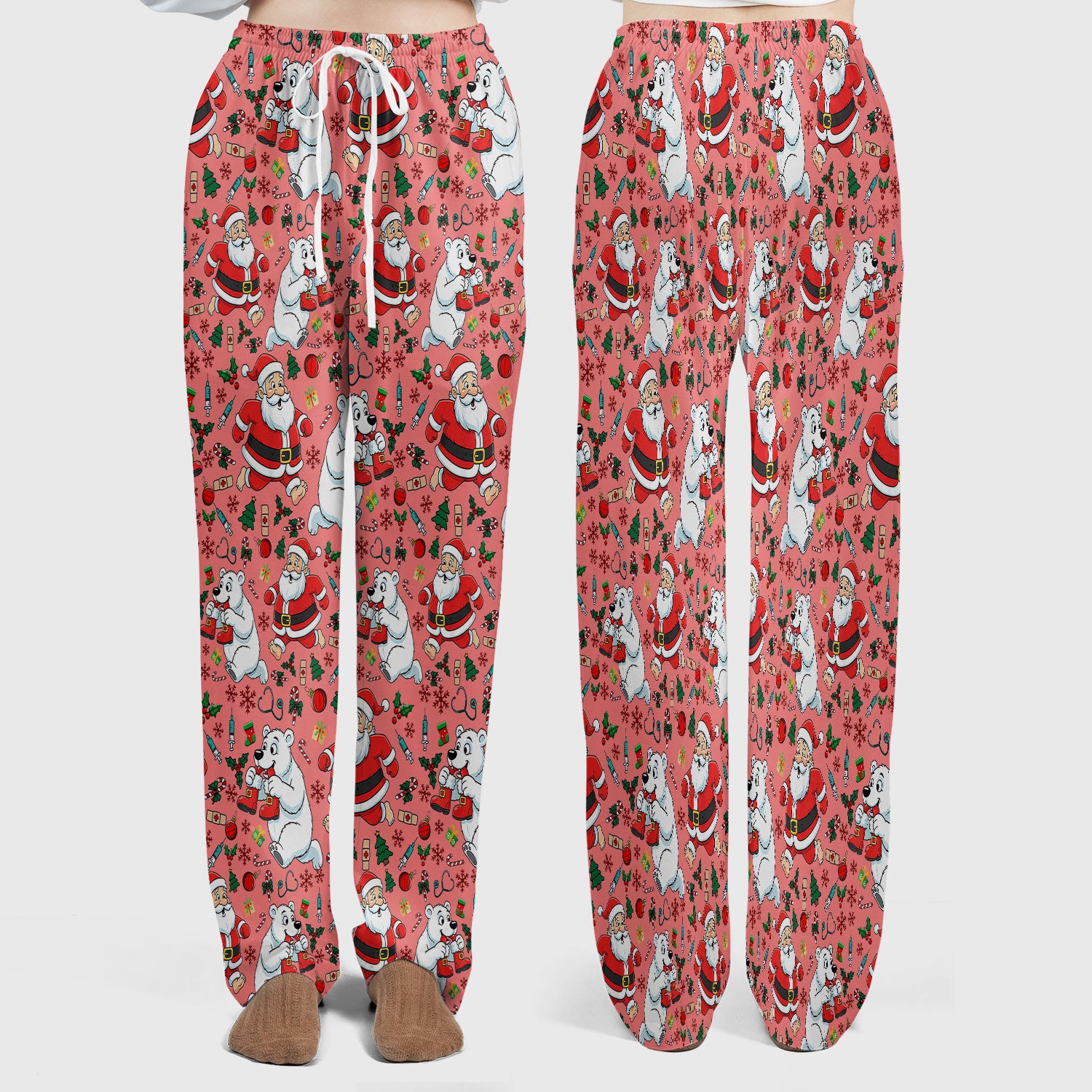 Christmas Santa & Polar Bear Scrub Set - Funny Holiday Nursing Pants and V Neck Top - Cute Winter Medical Uniform