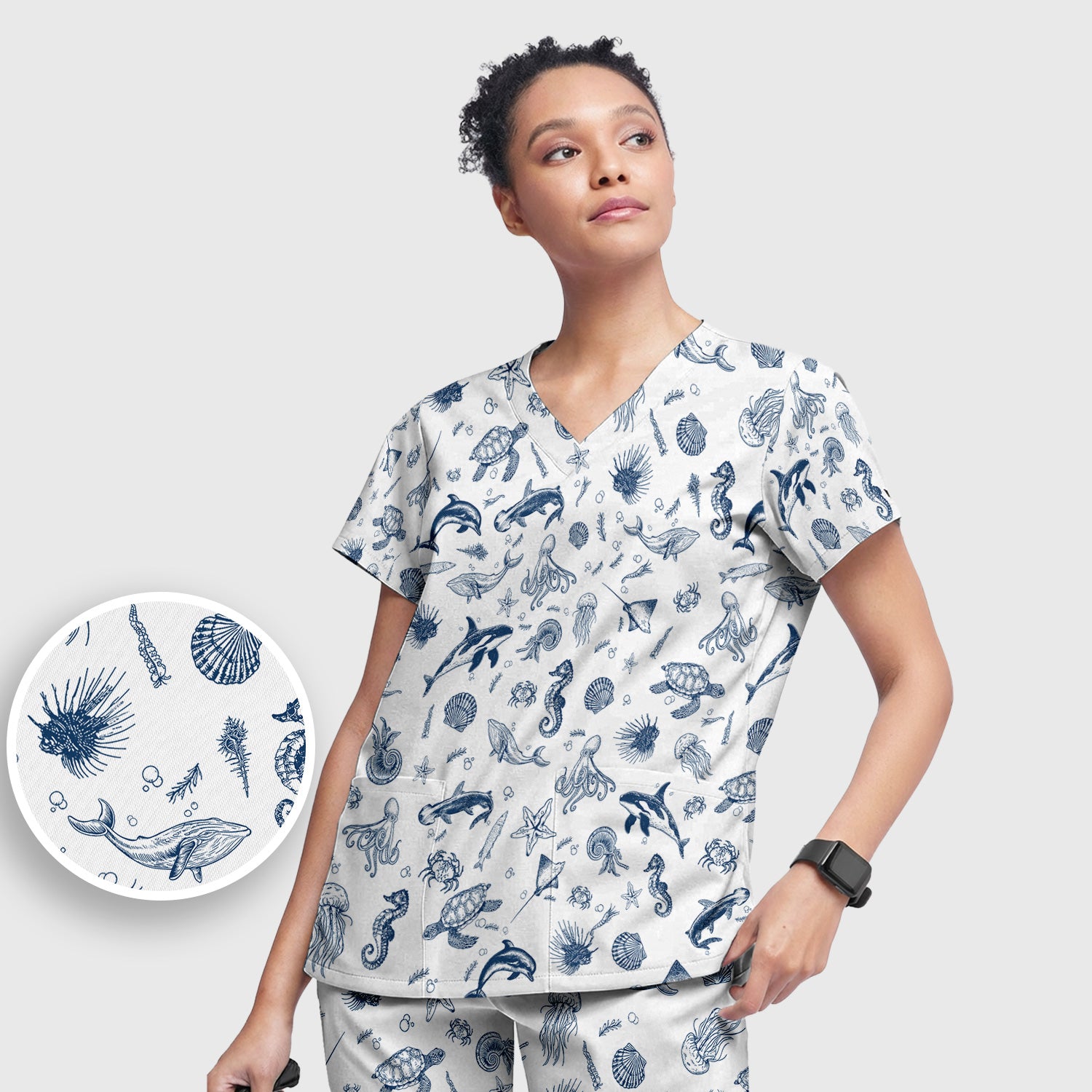 Marine Sea Life Pattern Scrub Set, Women's Scrub Sets