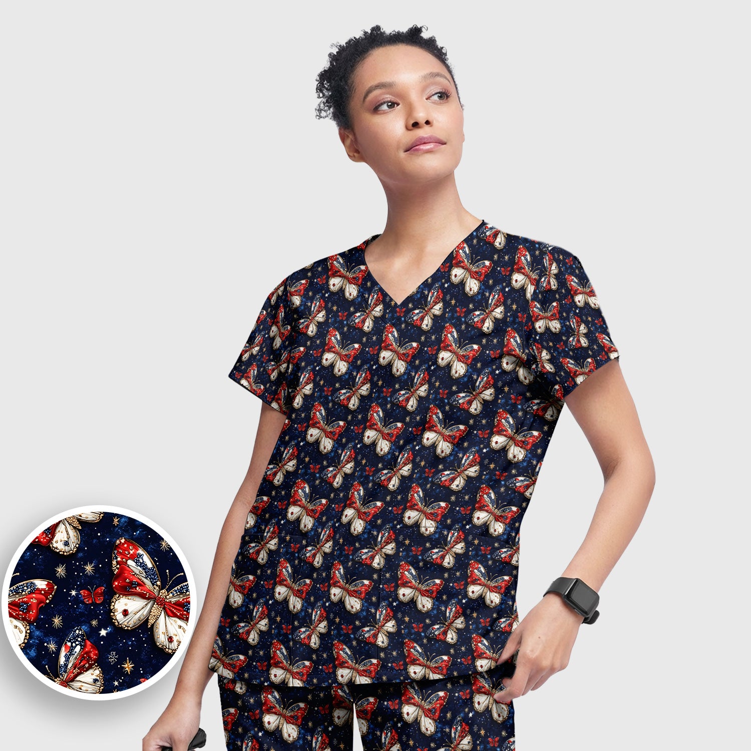 Patriotic Butterfly Nurse for RN & CNA, Americana Stars Healthcare Workers Uniform Scrub Set, Scrub Pants and V Neck Top
