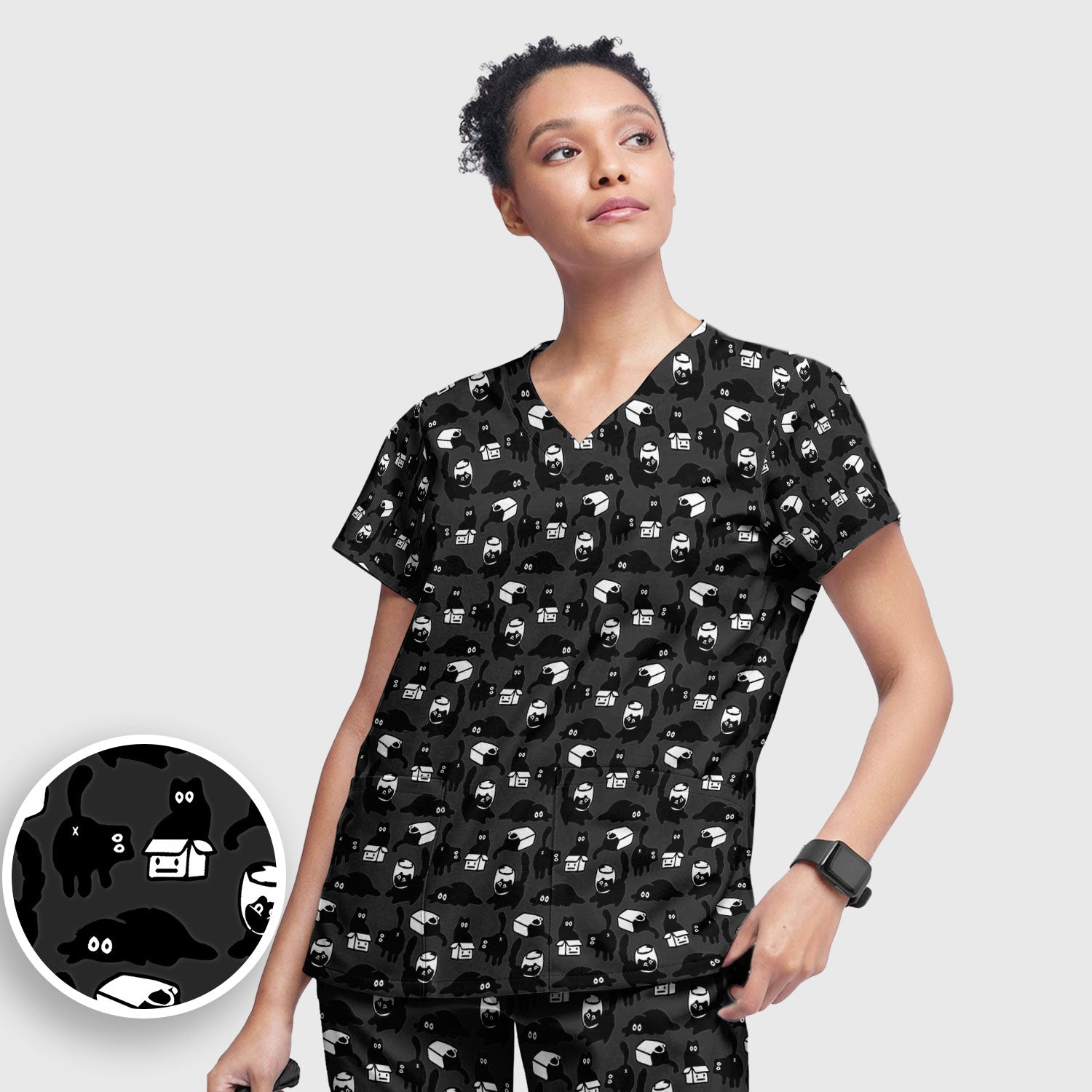 Dark Playful Cat Cartoon Pattern Scrub Set, Breathable Med Uniform