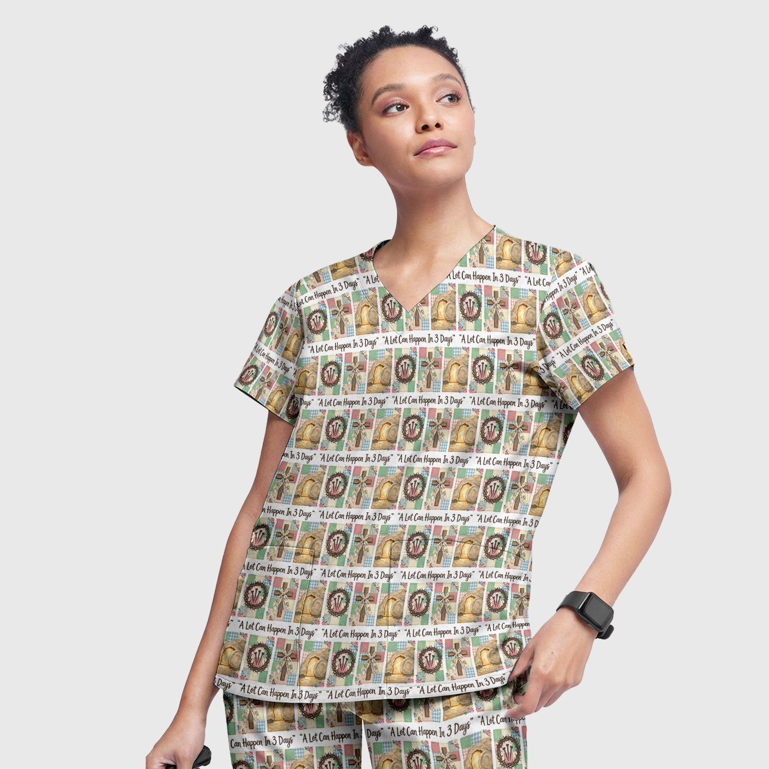 Christian Easter Cross Print Scrub Set, Scrub Pants and V Neck Top