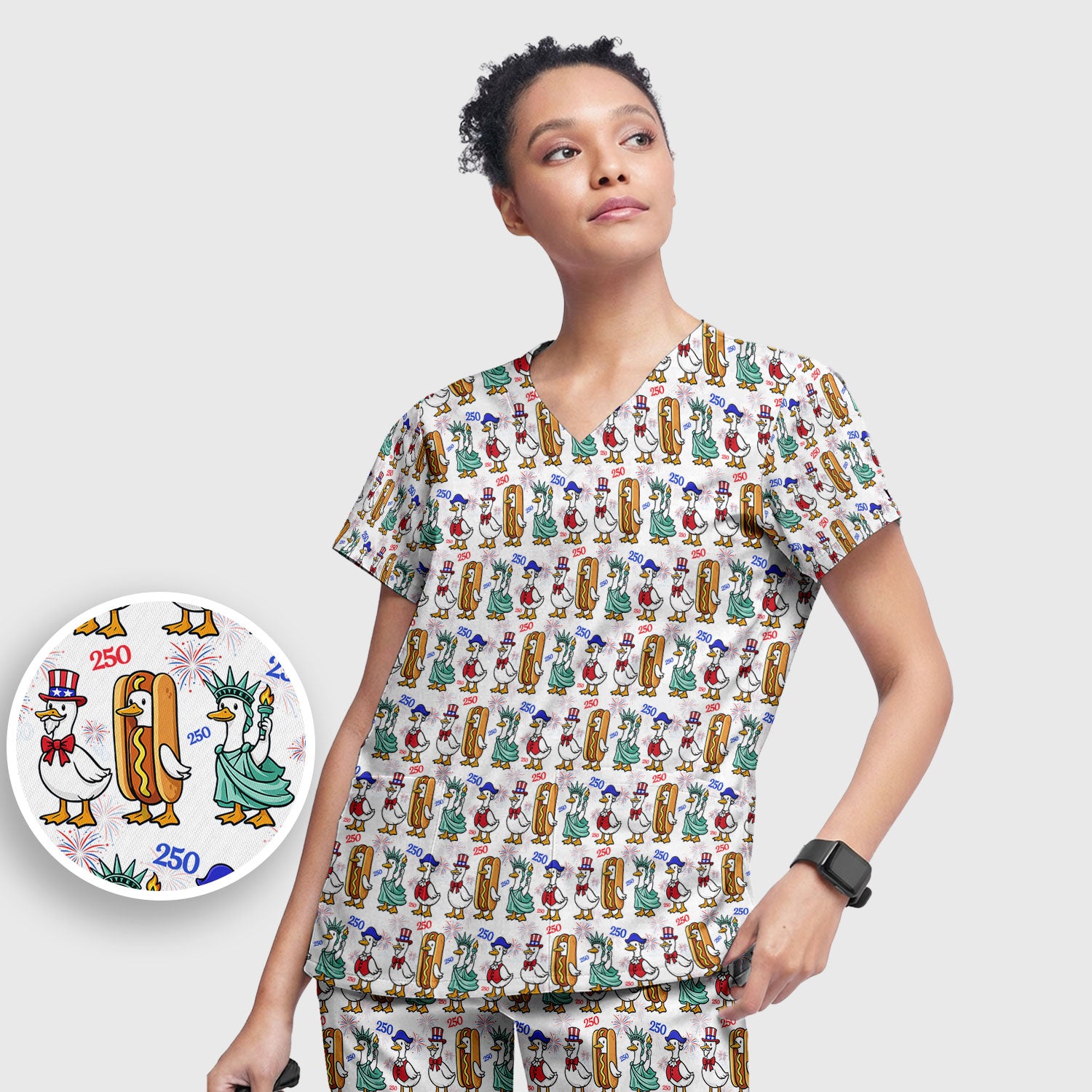 Patriotic Duck Independence Day Pattern Scrub Set, Scrub Pants and V Neck Top