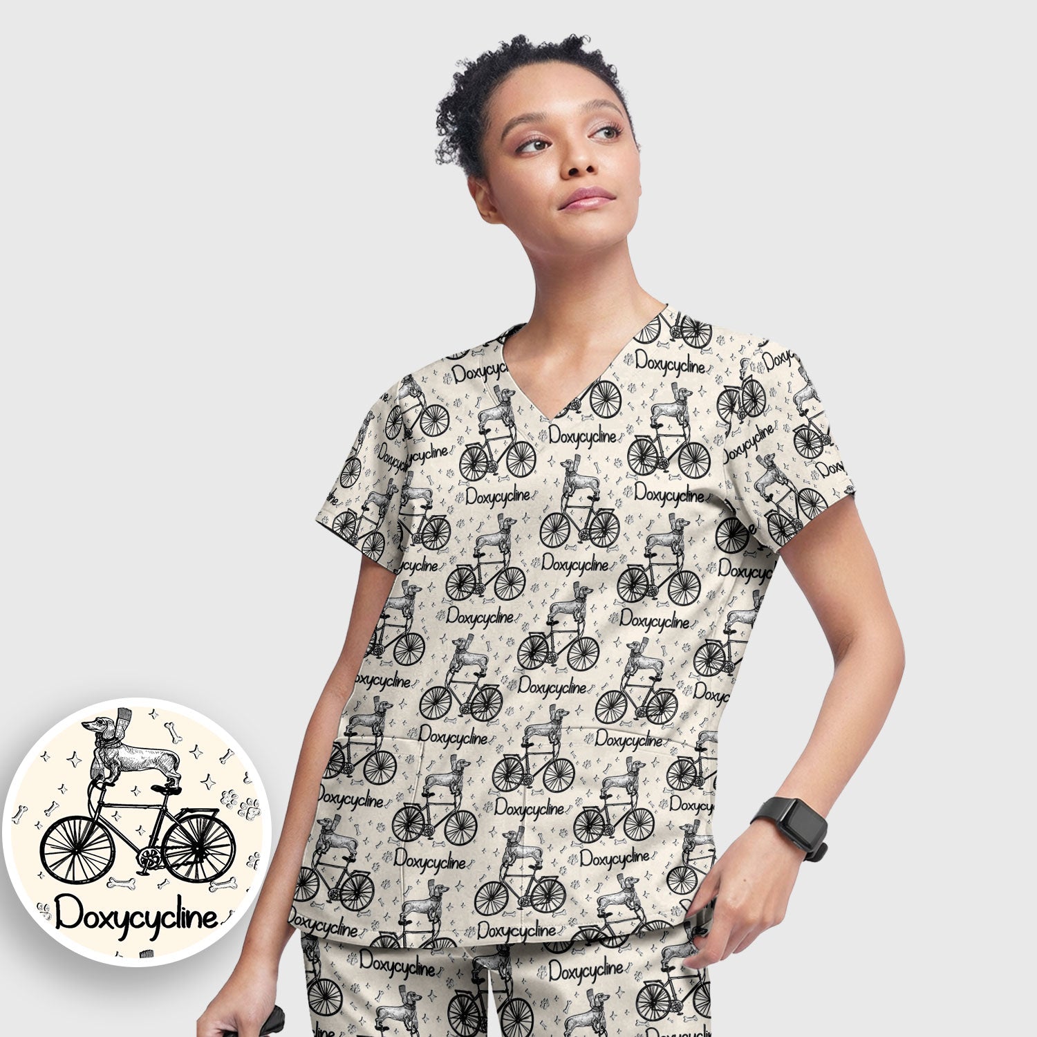 Funny Doxycycline Dog Bicycle Print Scrub Set, Scrub Pants and V Neck Top