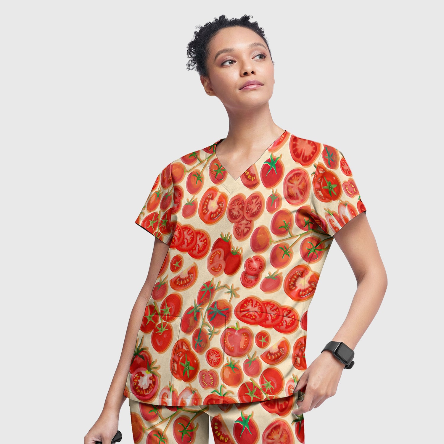 Fresh Tomato Slices Cherry Tomato Pattern Scrubs Sets, Women's Scrub Sets
