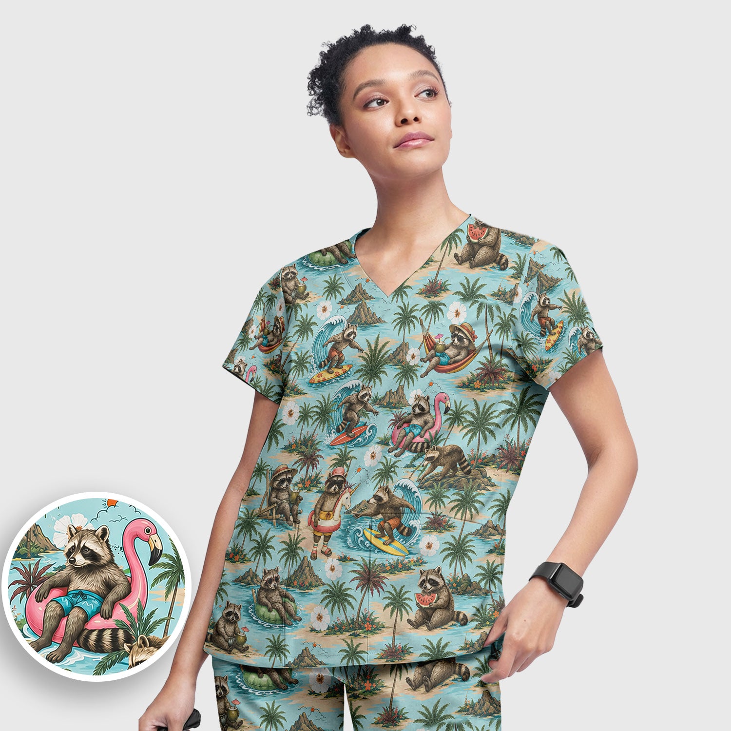 Tropical Raccoon with Surfing Island Beach Print Scrub Set, Scrub Pants and V Neck Top