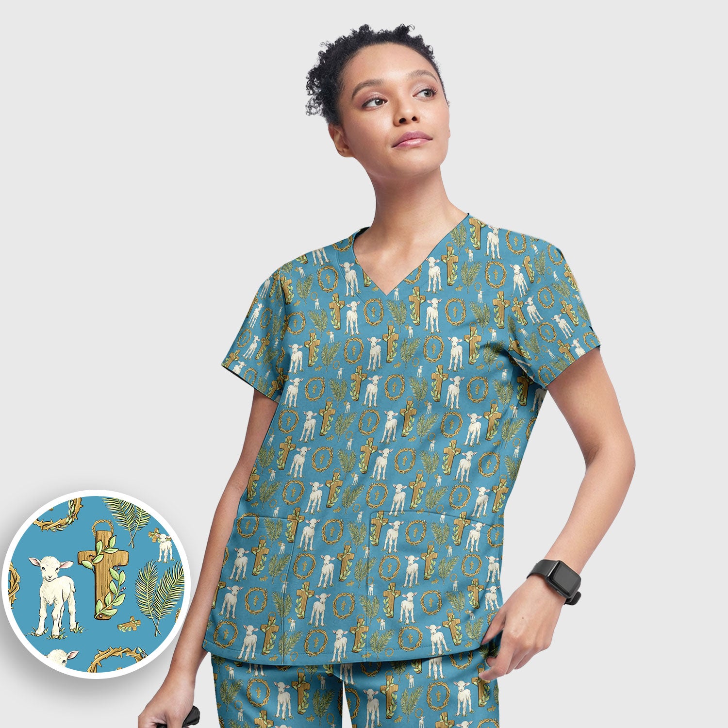 Faith Lamb Cross Pattern Women's Scrub Set, Scrub Pants and V Neck Top