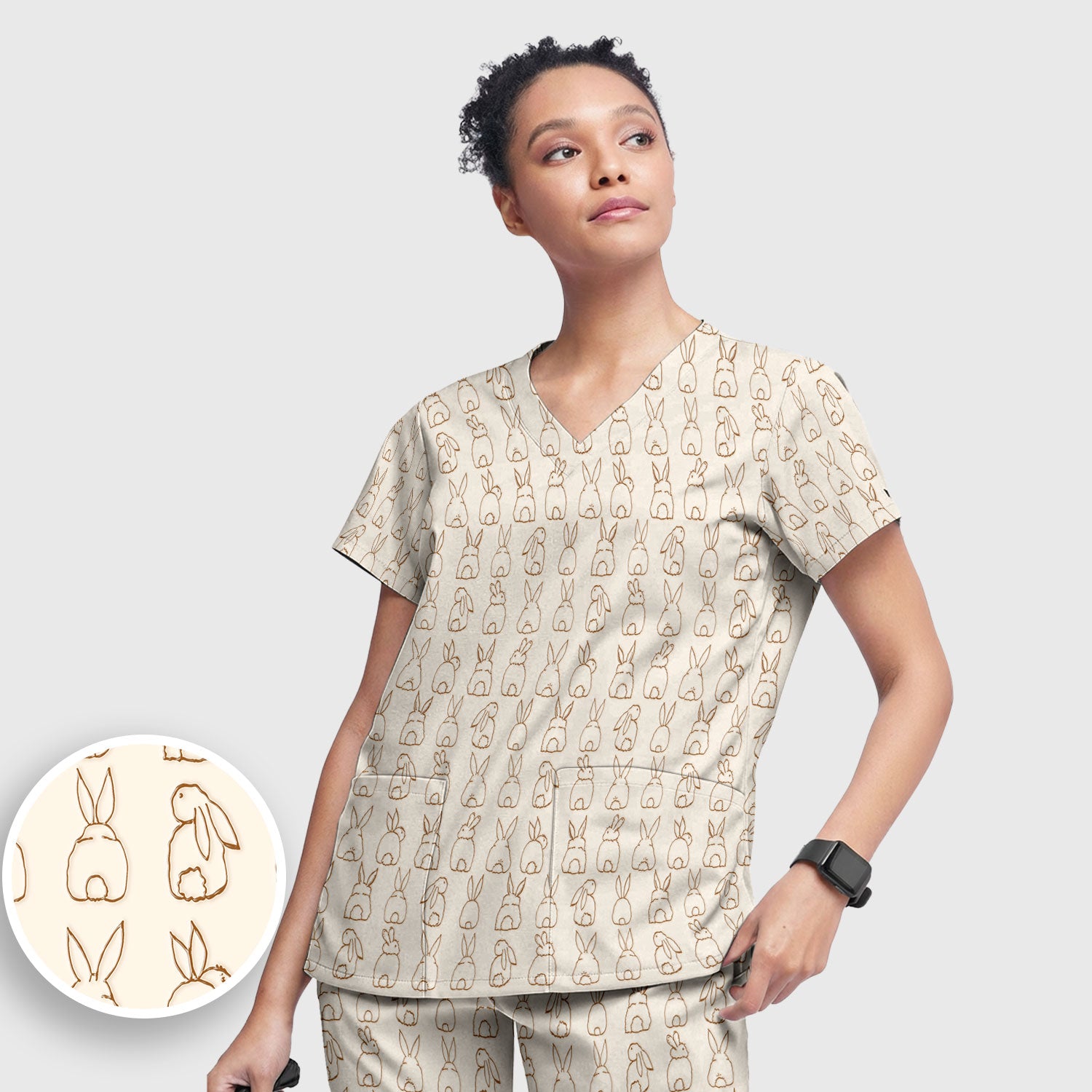 Cartoon Bunny Line Art Pattern Medical Scrub Set, Breathable Med Uniform
